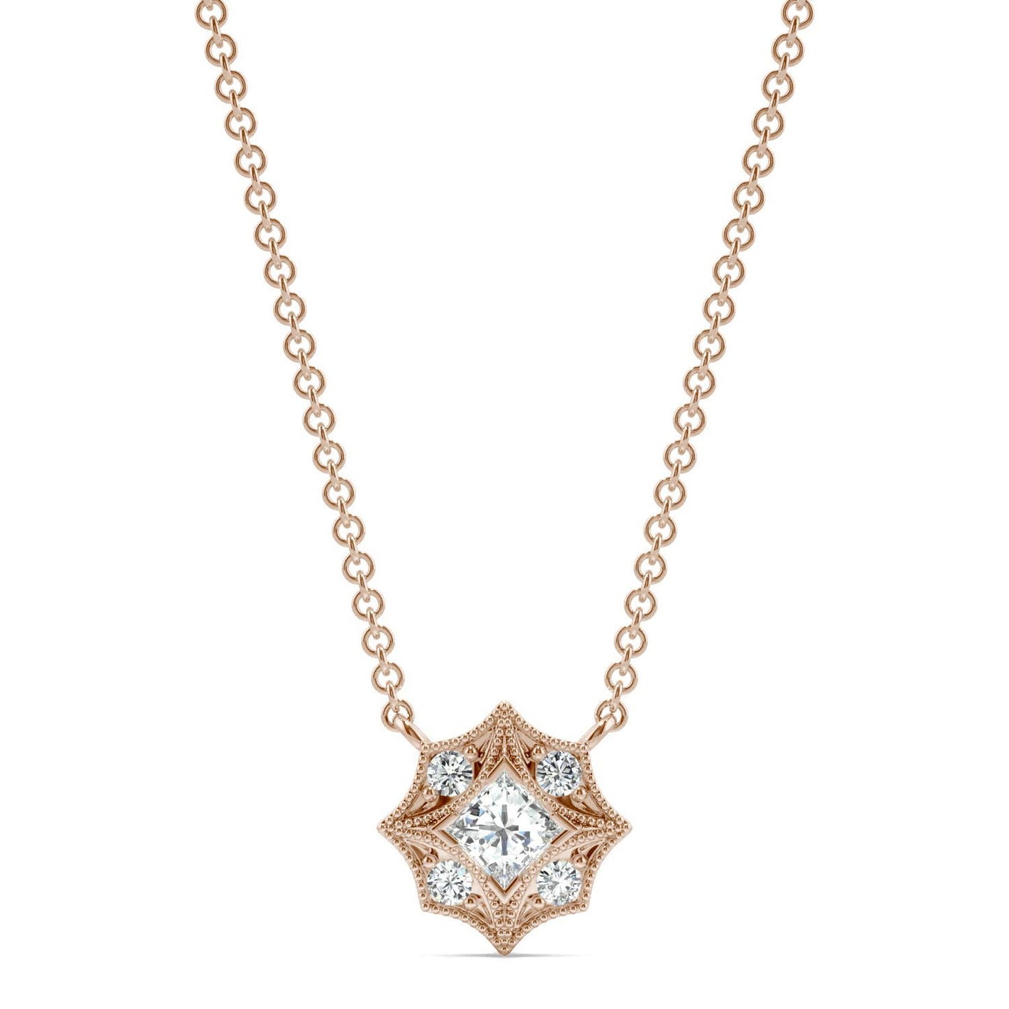 0.24 CTW DEW Princess Forever One Moissanite Signature Milgrain Necklace in 14K Rose Gold