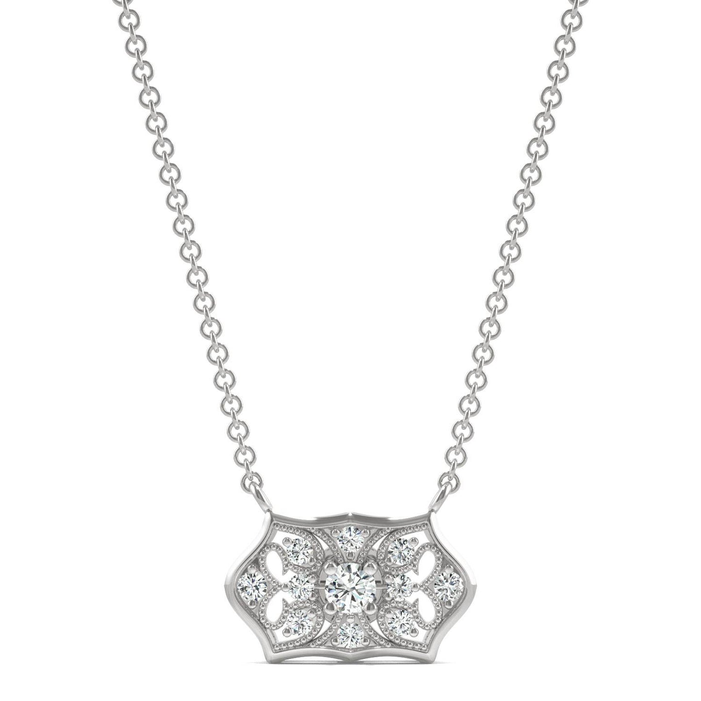 0.16 CTW DEW Round Forever One Moissanite Signature Horizontal Filigree Necklace in 14K White Gold