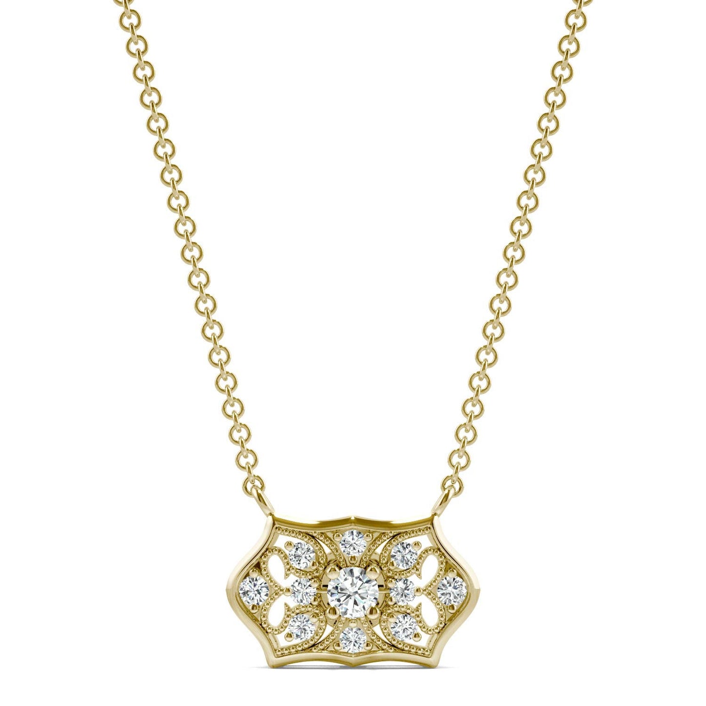 0.16 CTW DEW Round Forever One Moissanite Signature Horizontal Filigree Necklace in 14K Yellow Gold