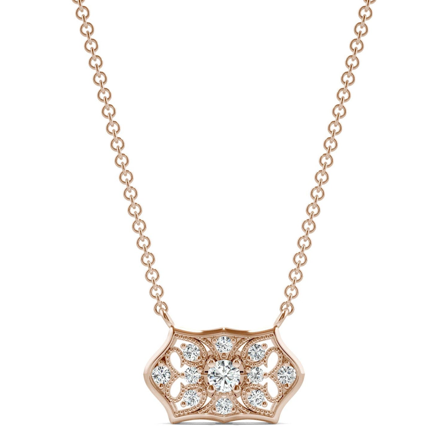 0.16 CTW DEW Round Forever One Moissanite Signature Horizontal Filigree Necklace in 14K Rose Gold