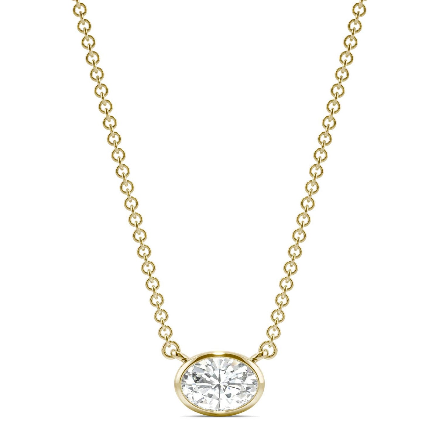 0.51 CTW DEW Oval Forever One Moissanite Signature Bezel Necklace in 14K Yellow Gold