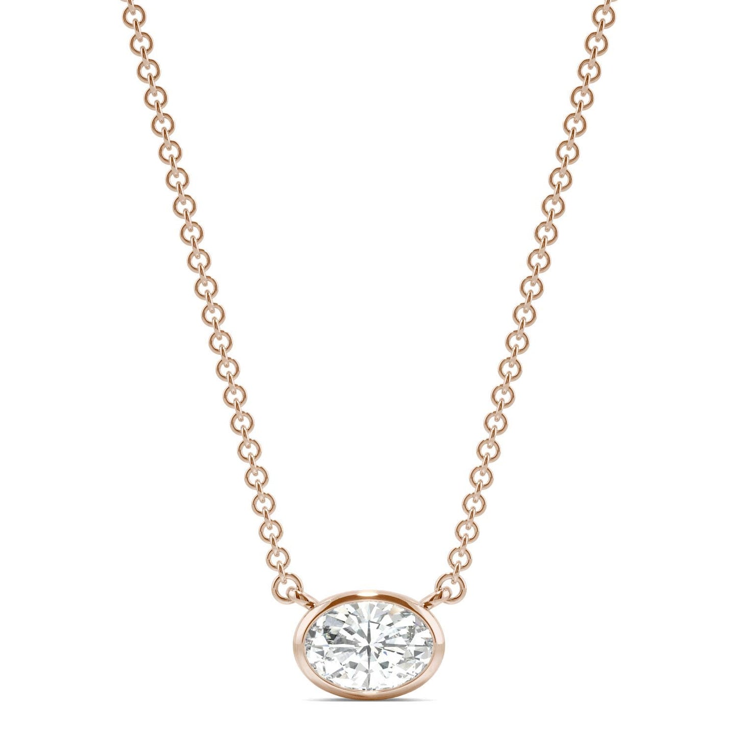 0.51 CTW DEW Oval Forever One Moissanite Signature Bezel Necklace in 14K Rose Gold