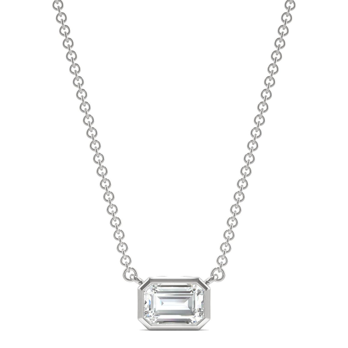 0.59 CTW DEW Emerald Forever One Moissanite Signature Bezel Necklace in 14K White Gold