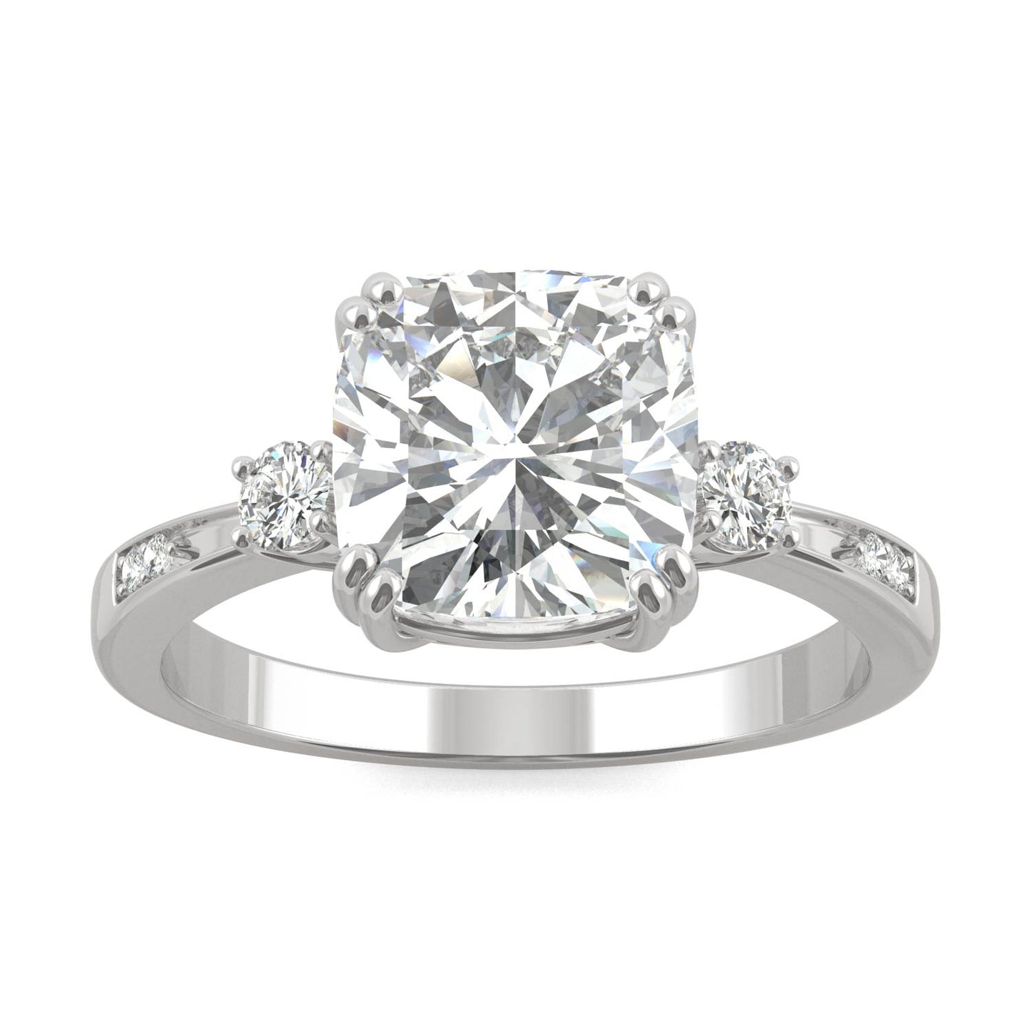 2.54 CTW DEW Cushion Forever One Moissanite Solitaire with Side Accents Engagement Ring in 14K White Gold
