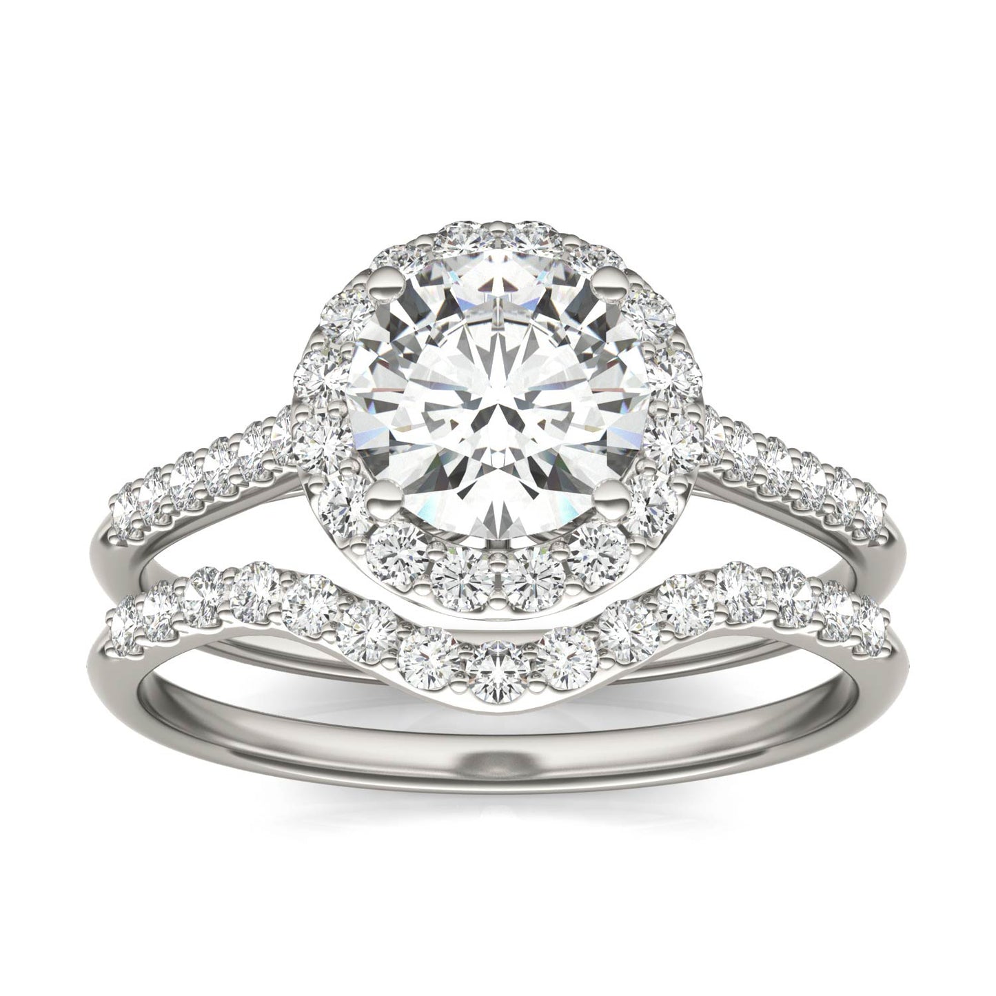 1.49 CTW DEW Round Forever One Moissanite Signature Halo Bridal Set Ring in 14K White Gold