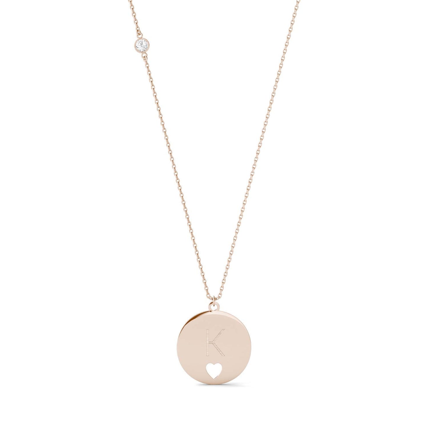 Personalized Block Initial Heart Necklace in 14K Rose Gold with Forever One Moissanite Accent