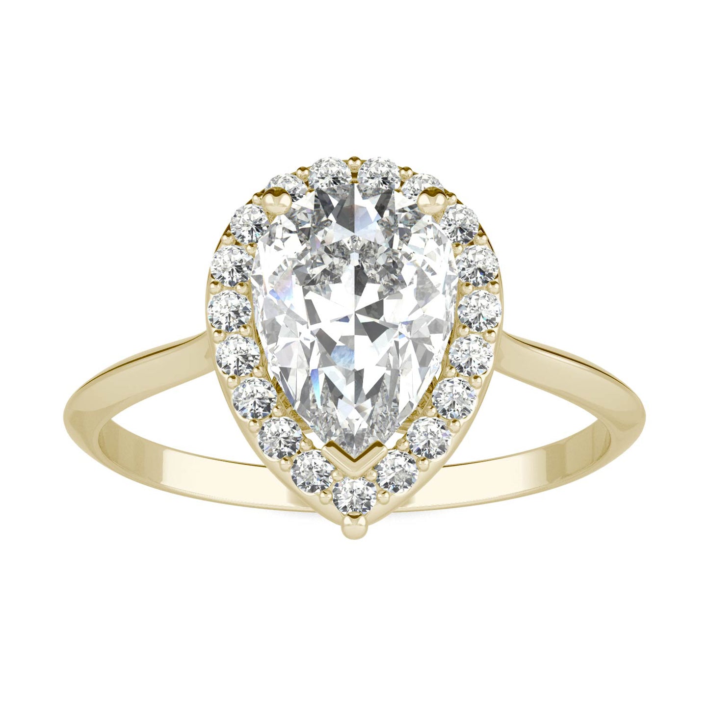 1.71 CTW DEW Pear Forever One Moissanite Signature Halo Engagement Ring in 14K Yellow Gold