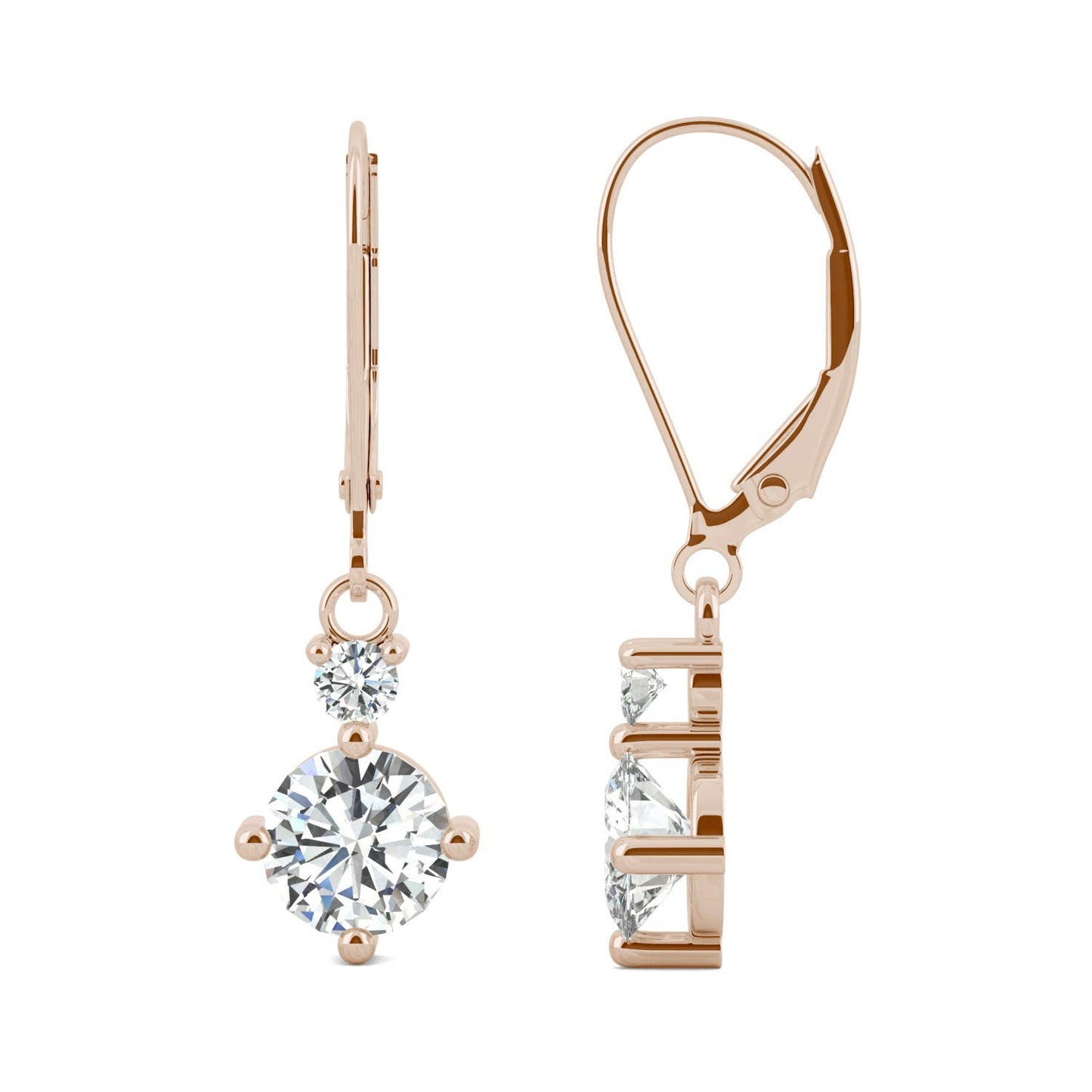 1.72 CTW DEW Round Forever One Moissanite Duo Leverback Drop Earrings in 14K Rose Gold