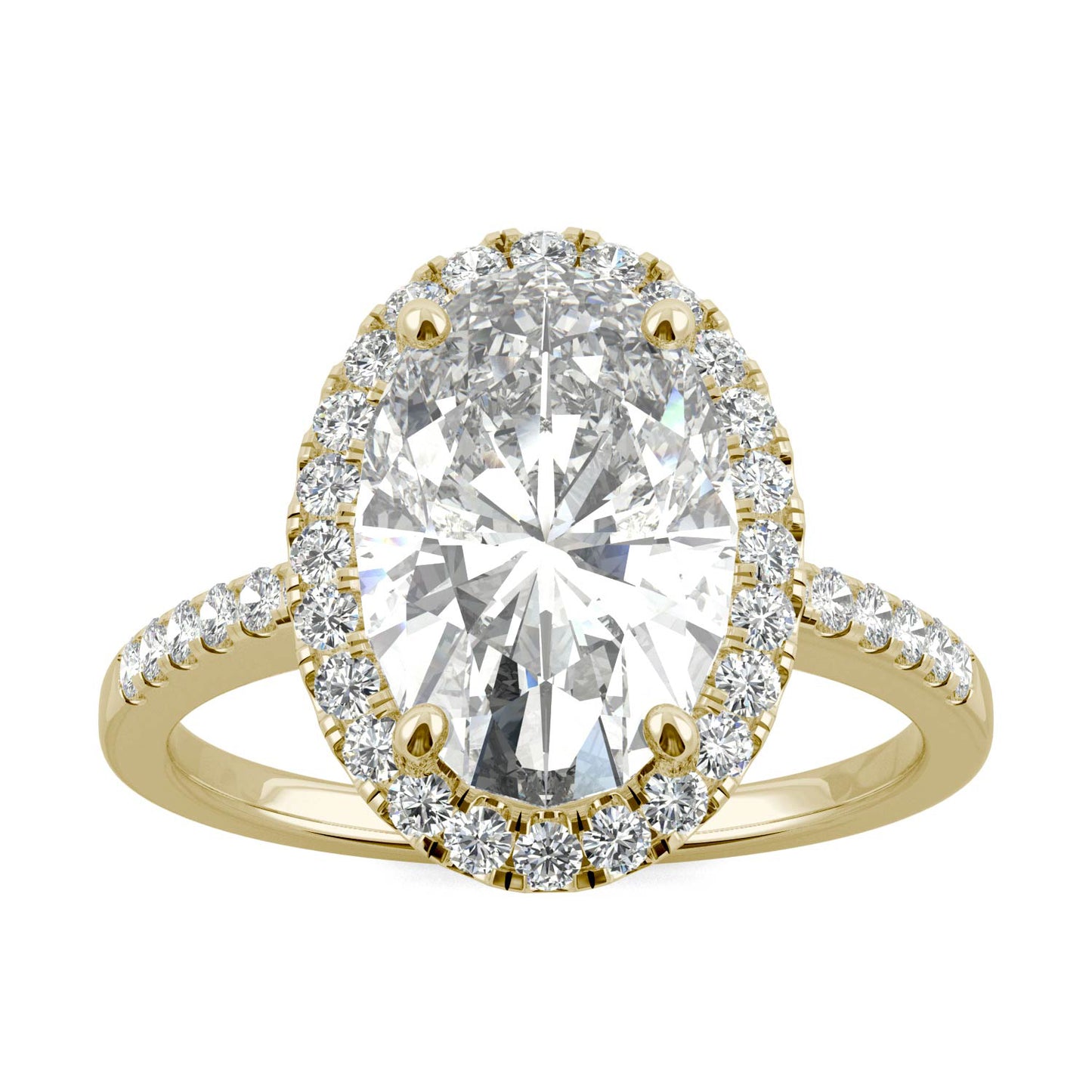 4.75 CTW DEW Elongated Oval Forever One Moissanite Halo Engagement Ring in 14K Yellow Gold