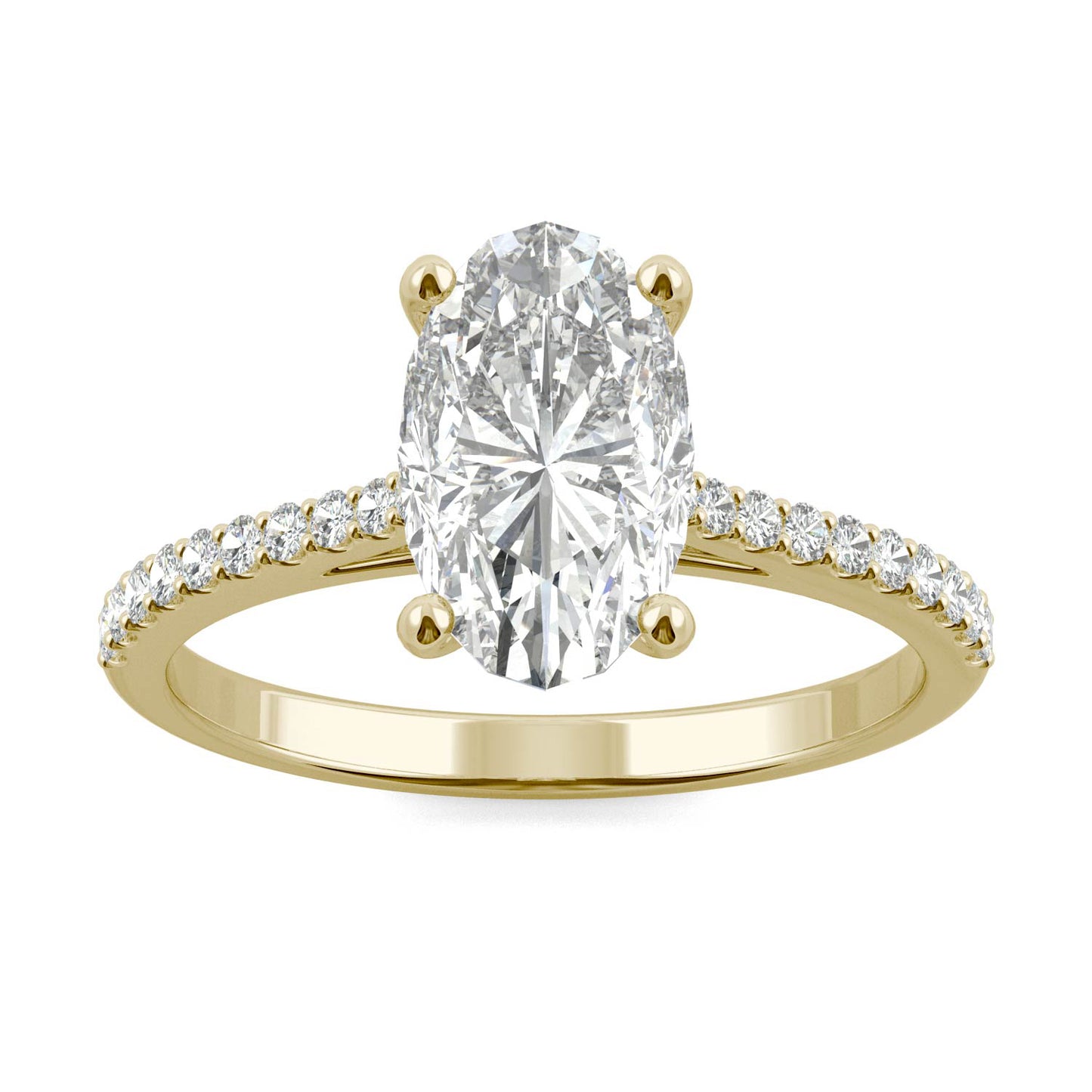 2.49 CTW DEW Elongated Oval Forever One Moissanite Side-Stone Engagement Ring in 14K Yellow Gold