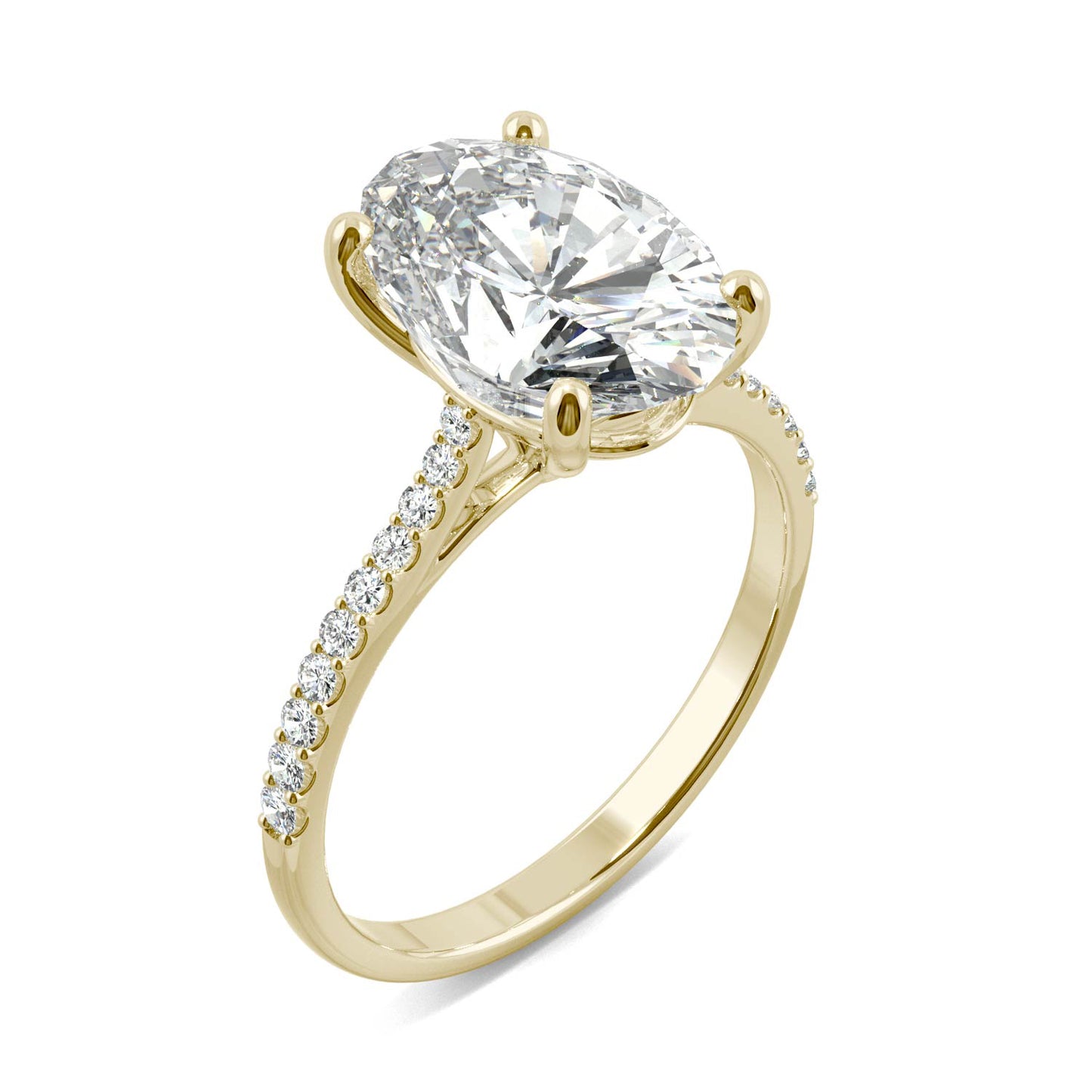 4.58 CTW DEW Elongated Oval Forever One Moissanite Side-Stone Engagement Ring in 14K Yellow Gold