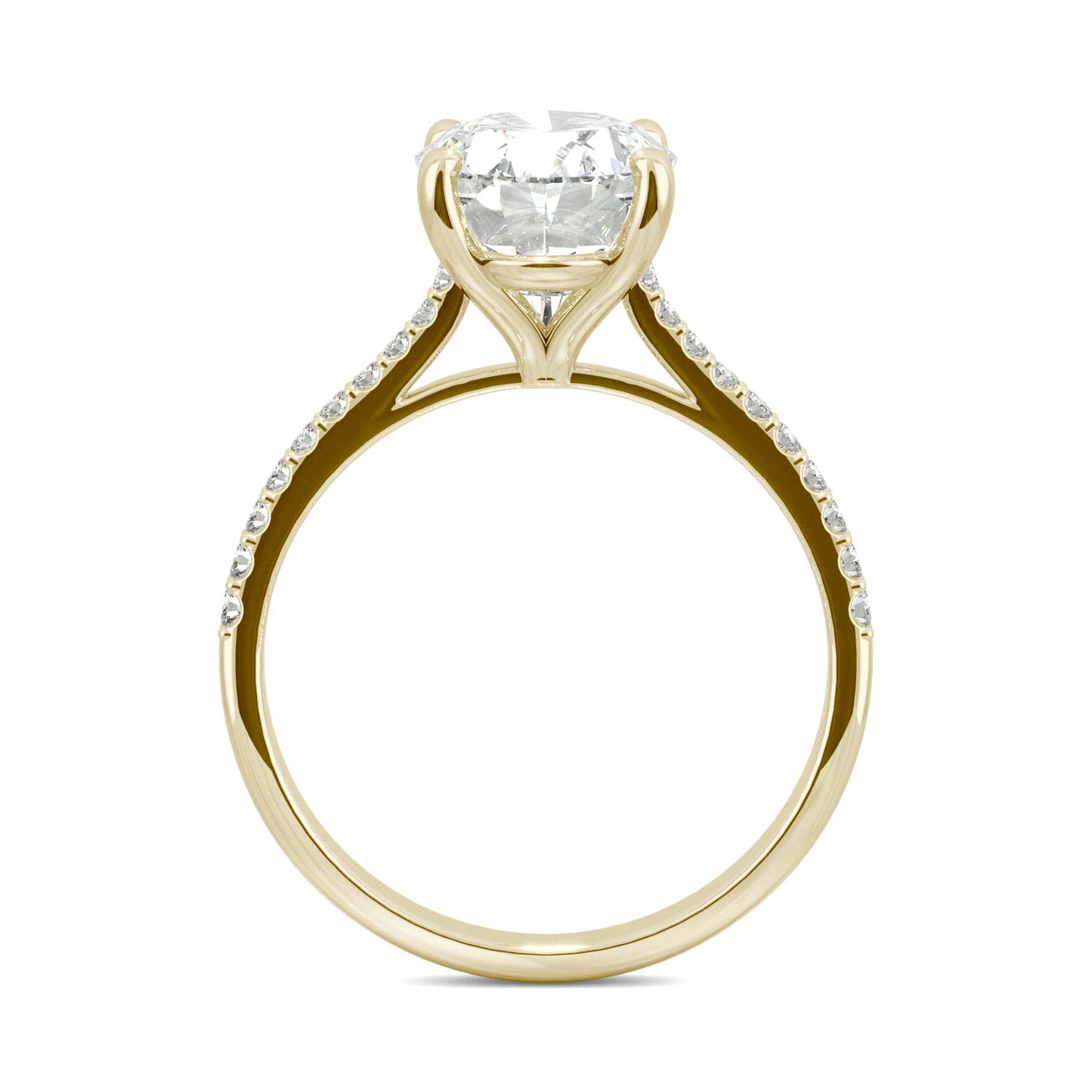 4.58 CTW DEW Elongated Oval Forever One Moissanite Side-Stone Engagement Ring in 14K Yellow Gold