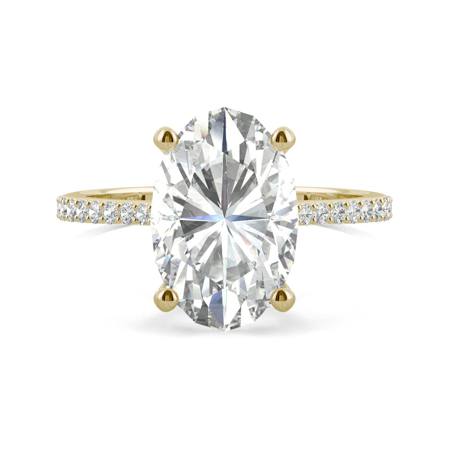 4.58 CTW DEW Elongated Oval Forever One Moissanite Side-Stone Engagement Ring in 14K Yellow Gold
