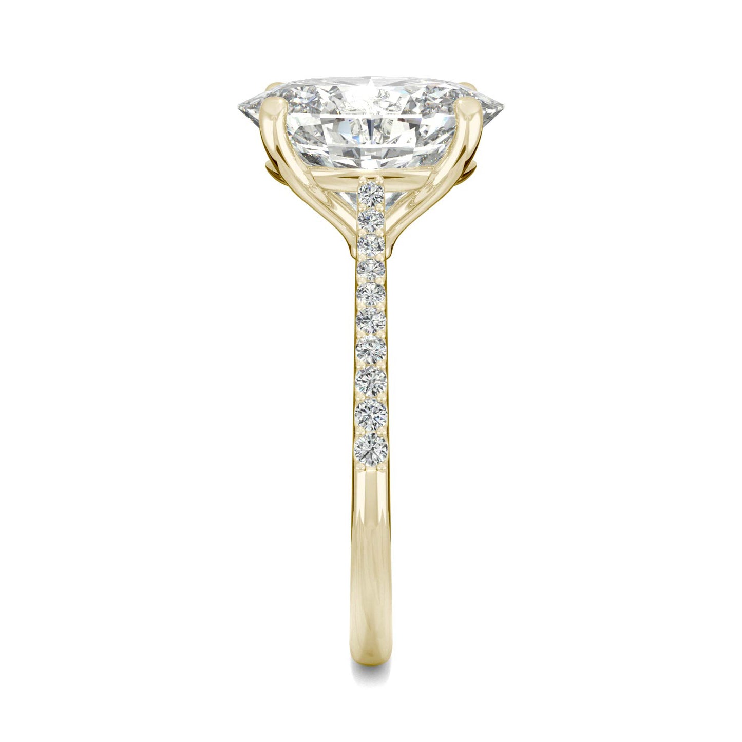 4.58 CTW DEW Elongated Oval Forever One Moissanite Side-Stone Engagement Ring in 14K Yellow Gold