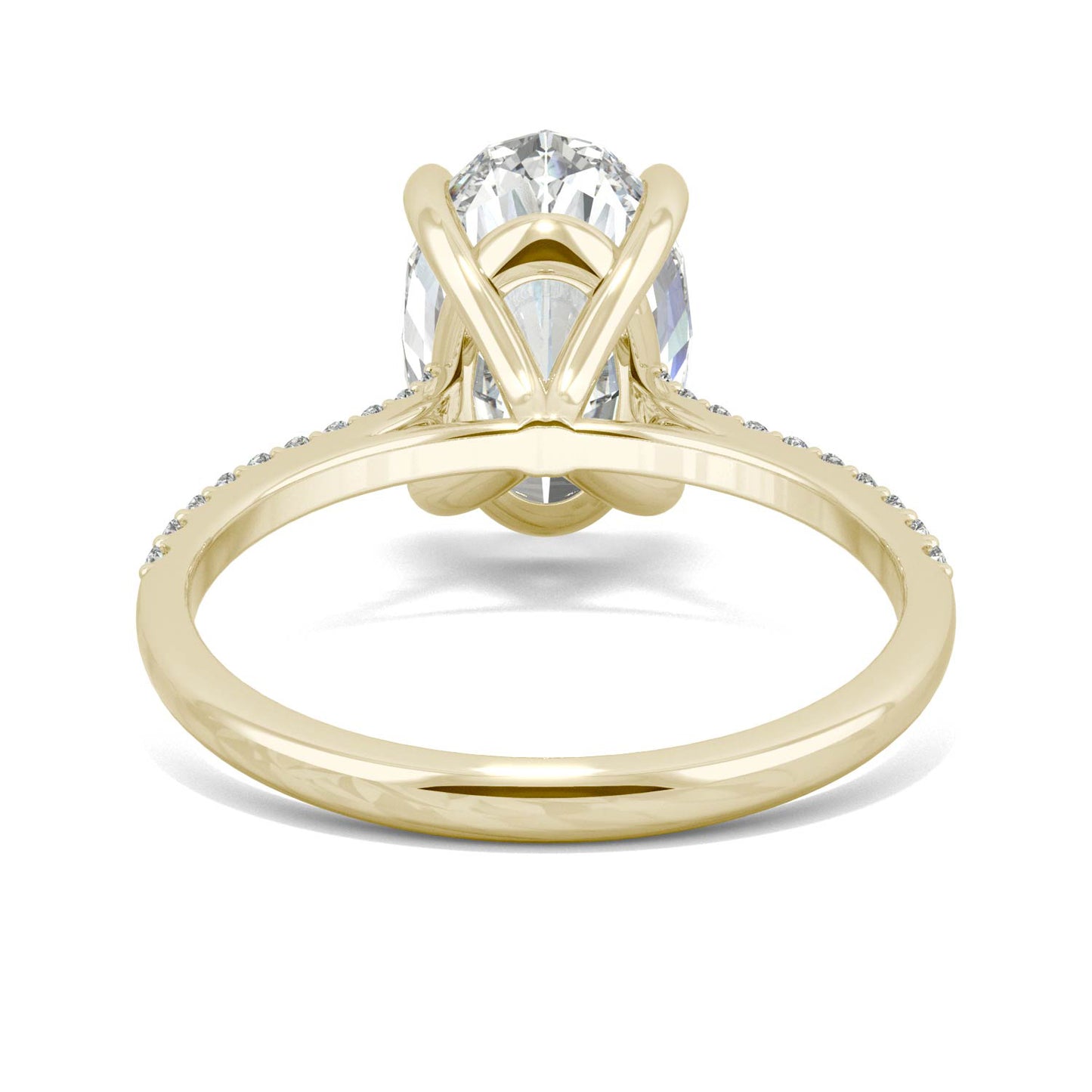 4.58 CTW DEW Elongated Oval Forever One Moissanite Side-Stone Engagement Ring in 14K Yellow Gold
