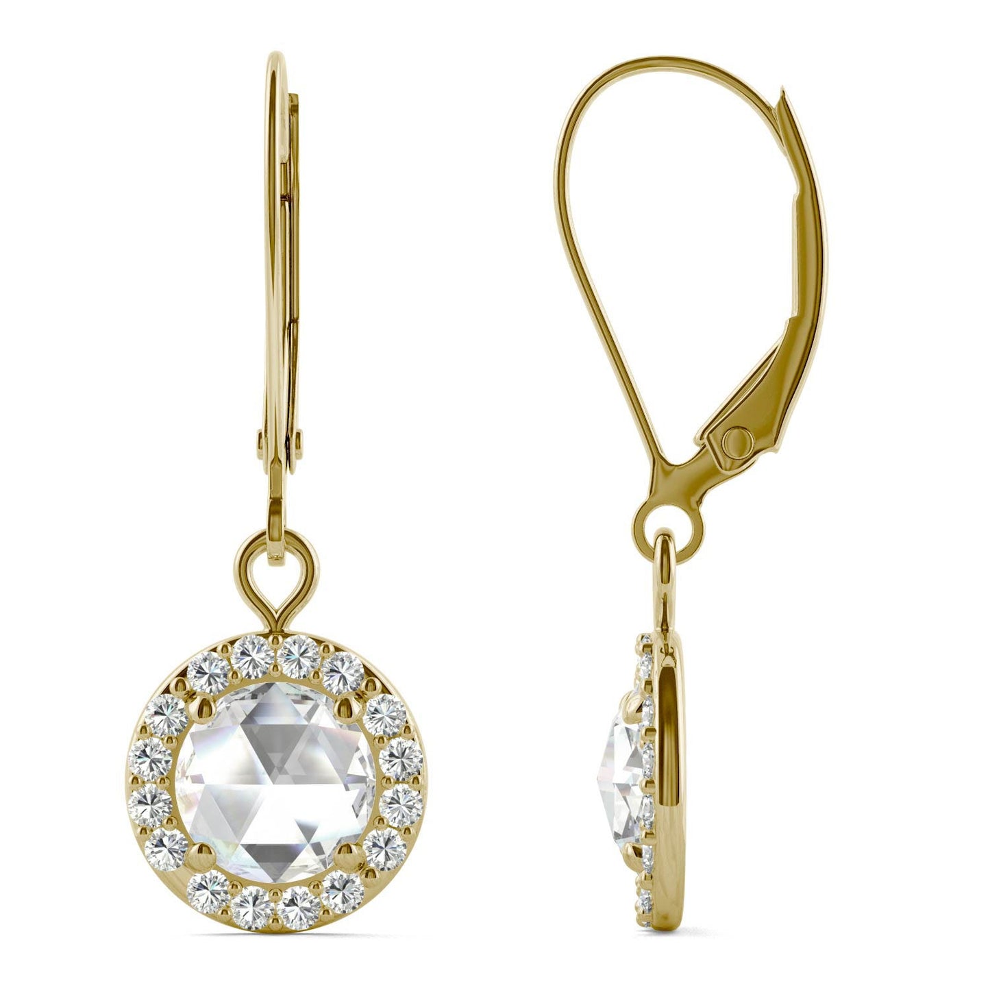 1.20 CTW DEW Round Forever One Moissanite Halo Drop Earrings in 14K Yellow Gold