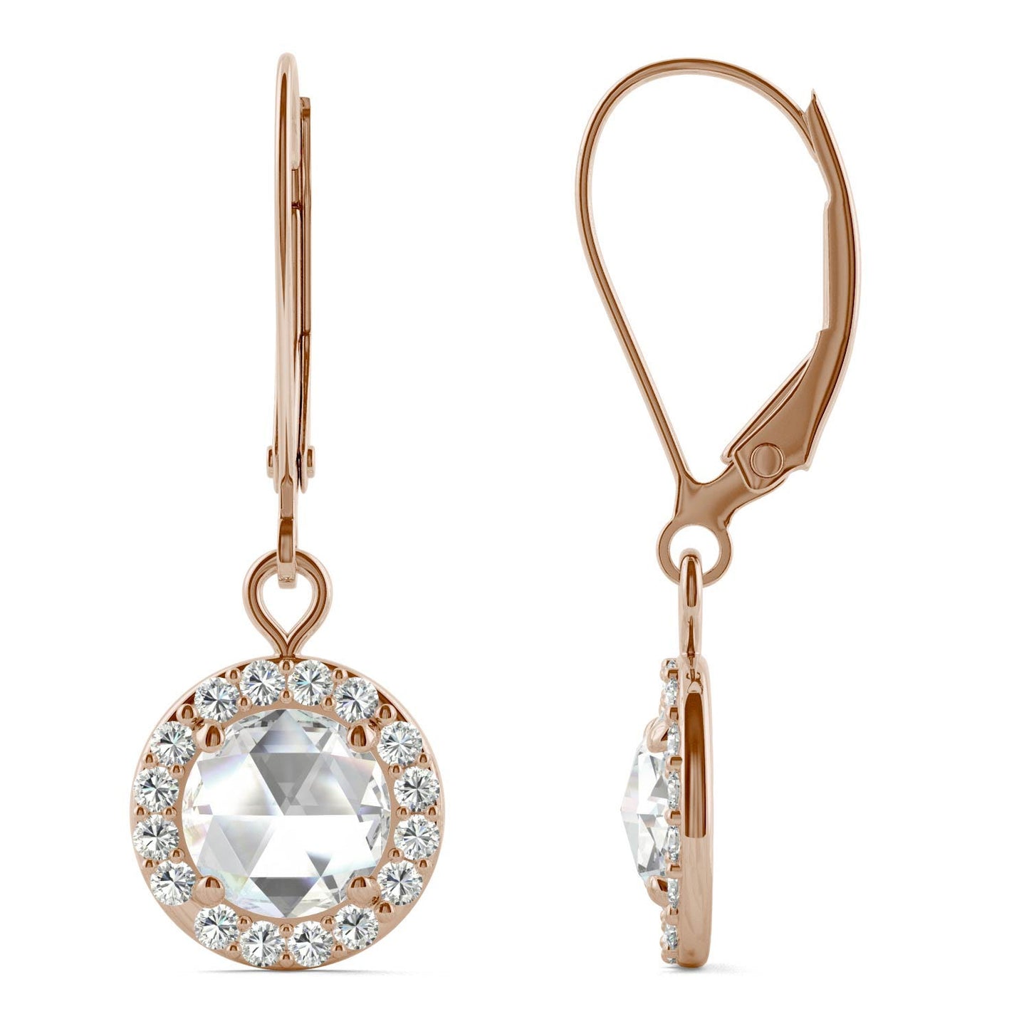 1.20 CTW DEW Round Forever One Moissanite Halo Drop Earrings in 14K Rose Gold