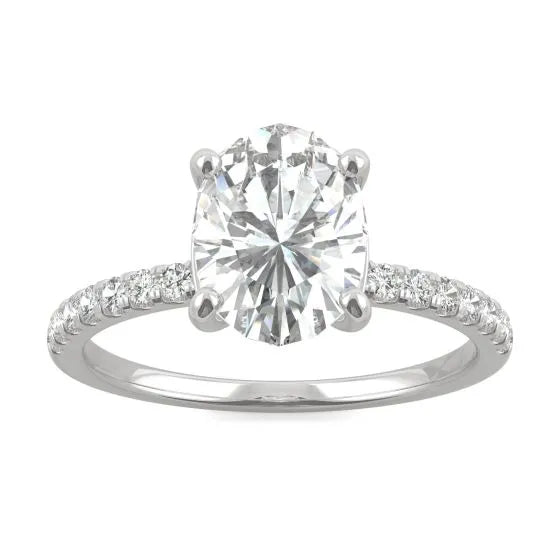 2.34 CTW DEW Oval Forever One Moissanite Side Stone Engagement Ring in 14K White Gold