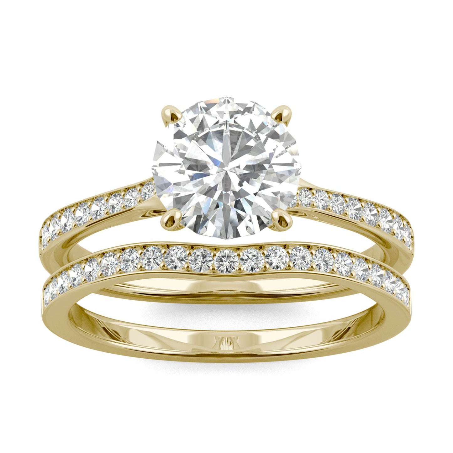 1.91 CTW DEW Round Forever One Moissanite Side-Stone Bridal Set with Hidden Halo Ring in 14K Yellow Gold