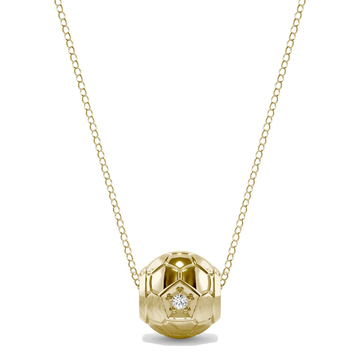 0.03 CTW DEW Round Forever One Moissanite Soccer Ball Solid Charm Necklace 14K Yellow Gold
