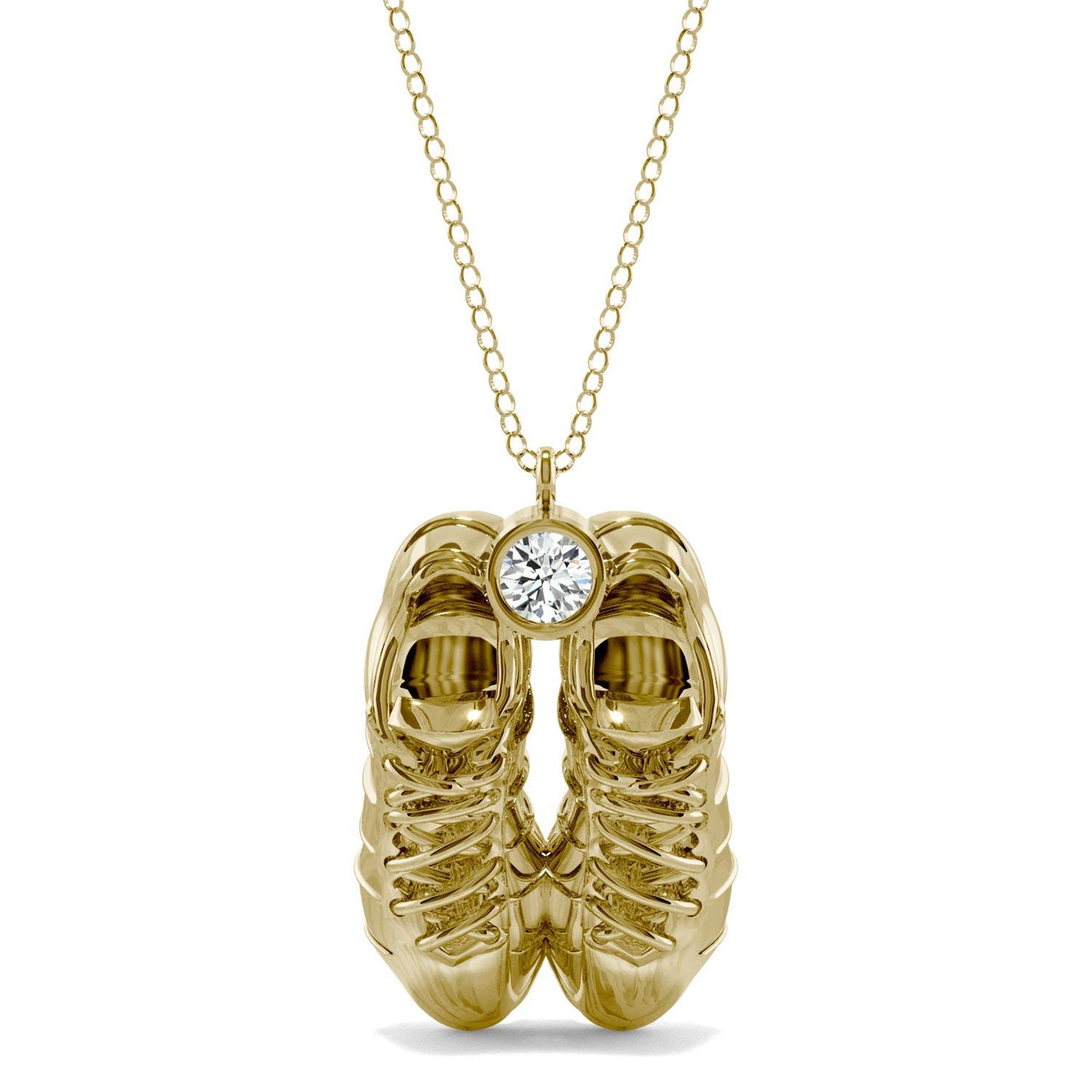 0.10 CTW DEW Round Forever One Moissanite Soccer Cleats Necklace 14K Yellow Gold