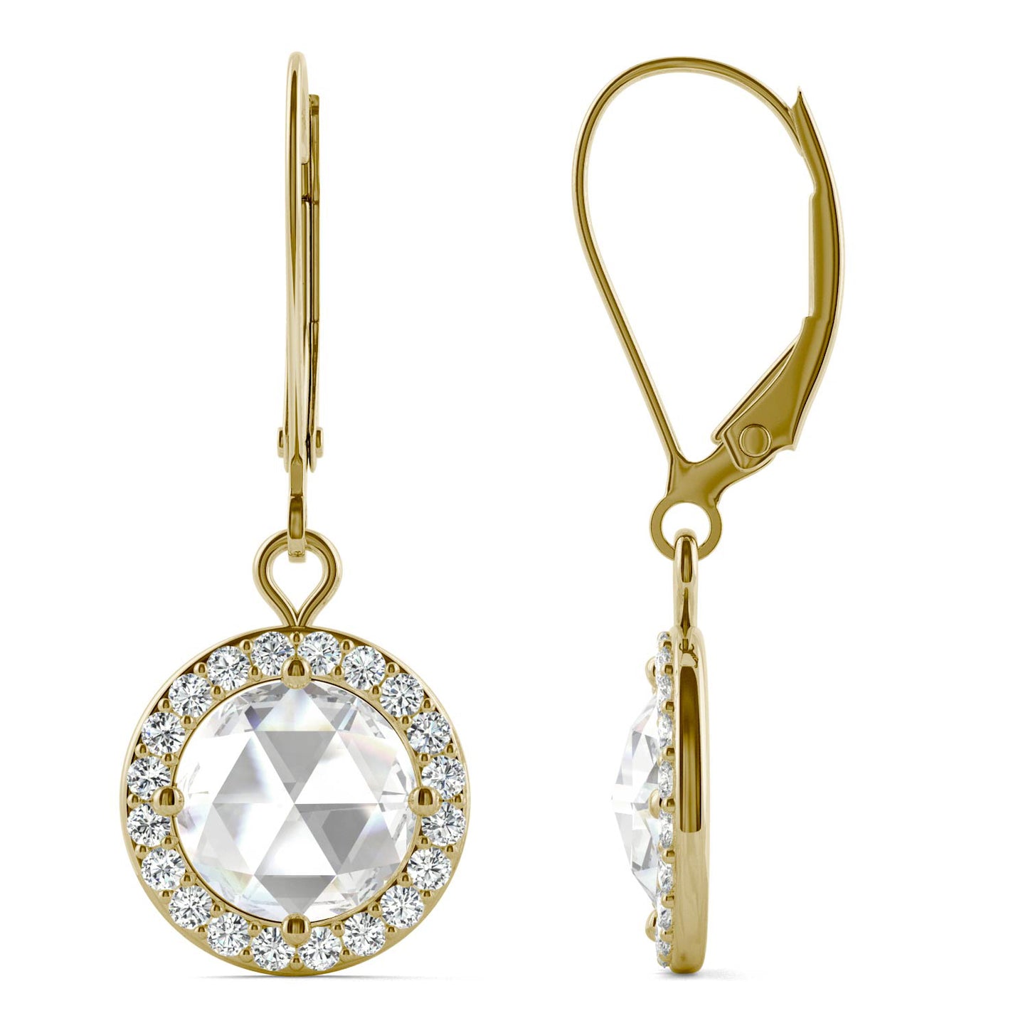 1.78 CTW DEW Round Forever One Moissanite Halo Drop Earrings in 14K Yellow Gold