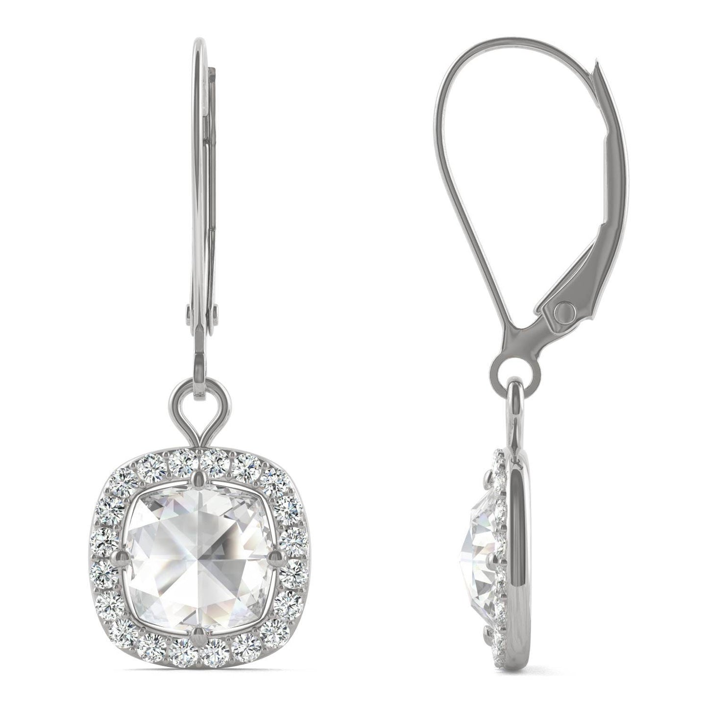 1.46 CTW DEW Cushion Forever One Moissanite Halo Drop Earrings in 14K White Gold
