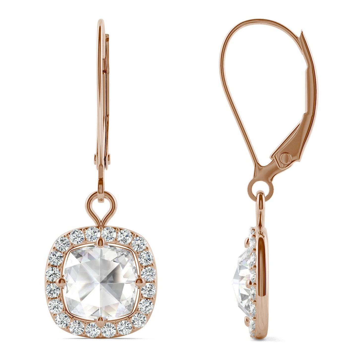 1.46 CTW DEW Cushion Forever One Moissanite Halo Drop Earrings in 14K Rose Gold