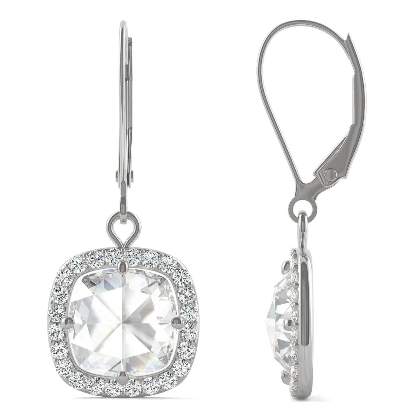 2.98 CTW DEW Cushion Forever One Moissanite Halo Drop Earrings in 14K White Gold