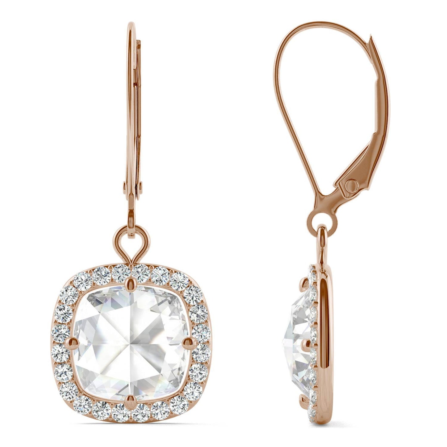 2.98 CTW DEW Cushion Forever One Moissanite Halo Drop Earrings in 14K Rose Gold
