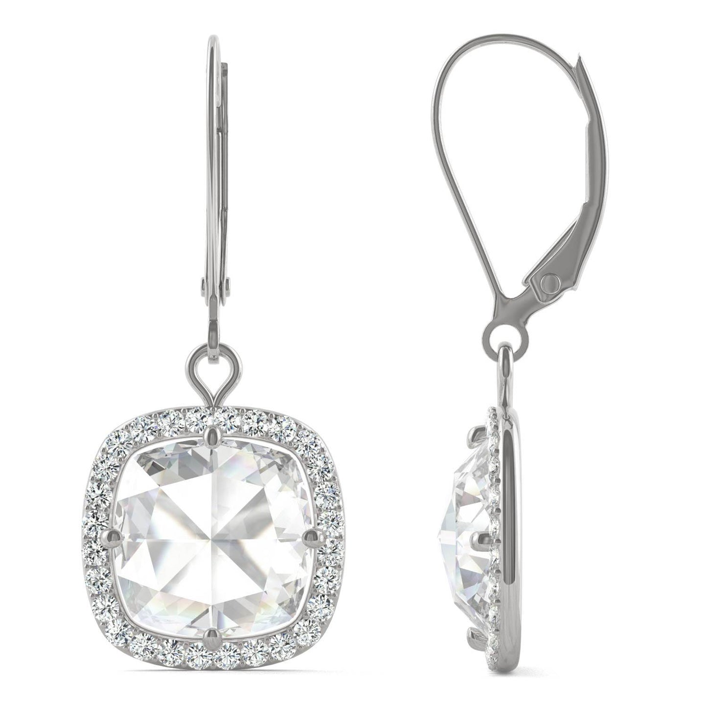 4.25 CTW DEW Cushion Forever One Moissanite Halo Drop Earrings in 14K White Gold