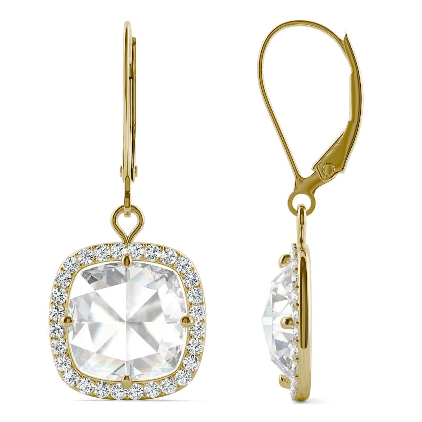 4.25 CTW DEW Cushion Forever One Moissanite Halo Drop Earrings in 14K Yellow Gold