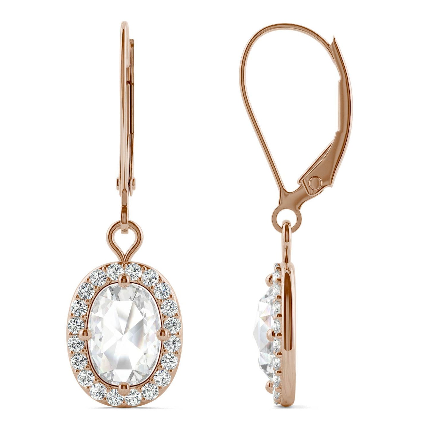 1.40 CTW DEW Cushion Forever One Moissanite Halo Drop Earrings in 14K Rose Gold
