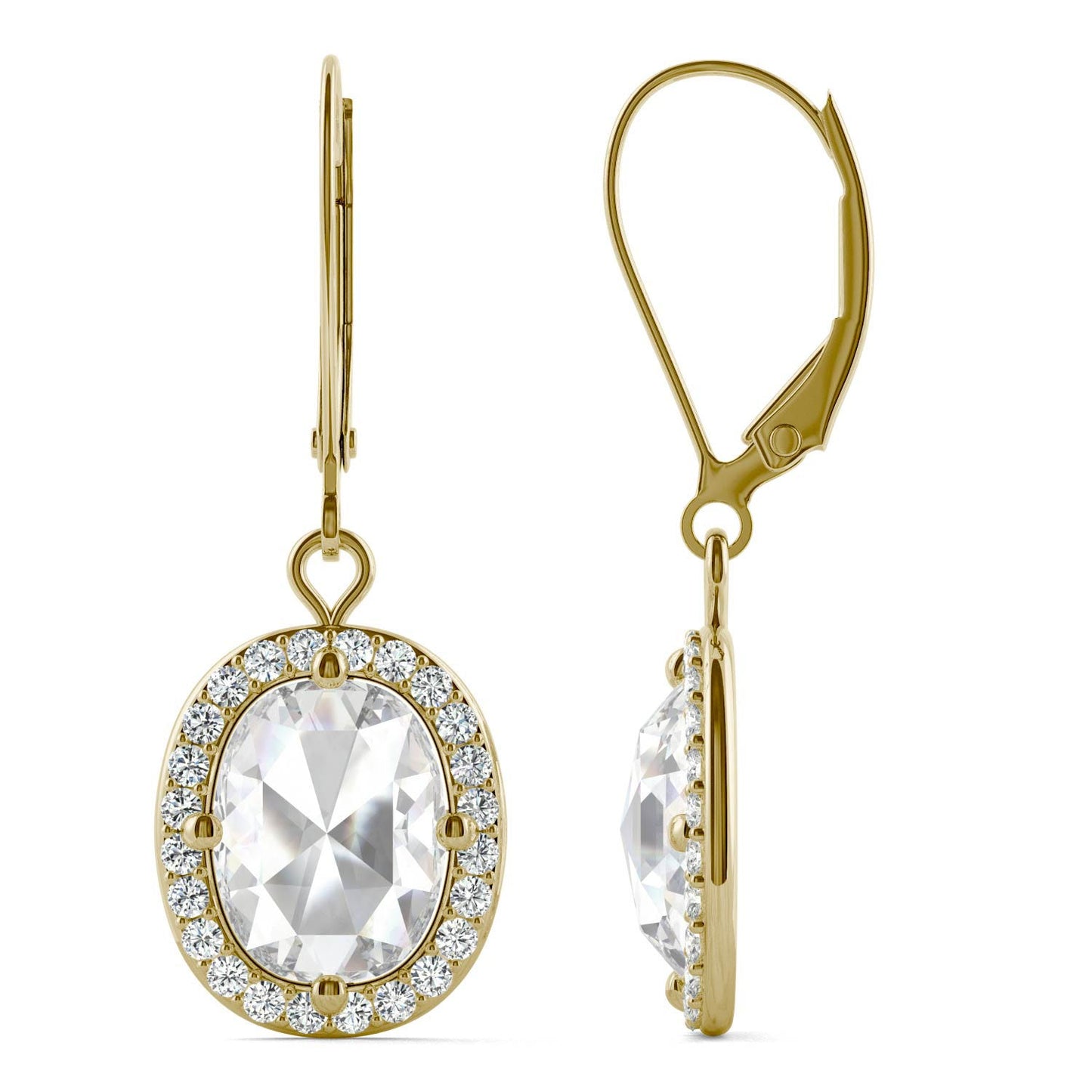 2.98 CTW DEW Cushion Forever One Moissanite Halo Drop Earrings in 14K Yellow Gold