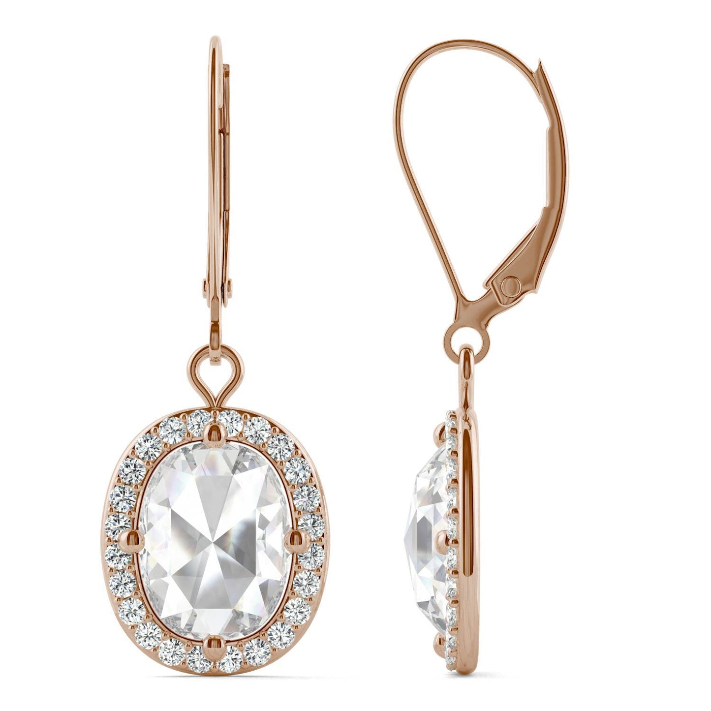 2.98 CTW DEW Cushion Forever One Moissanite Halo Drop Earrings in 14K Rose Gold
