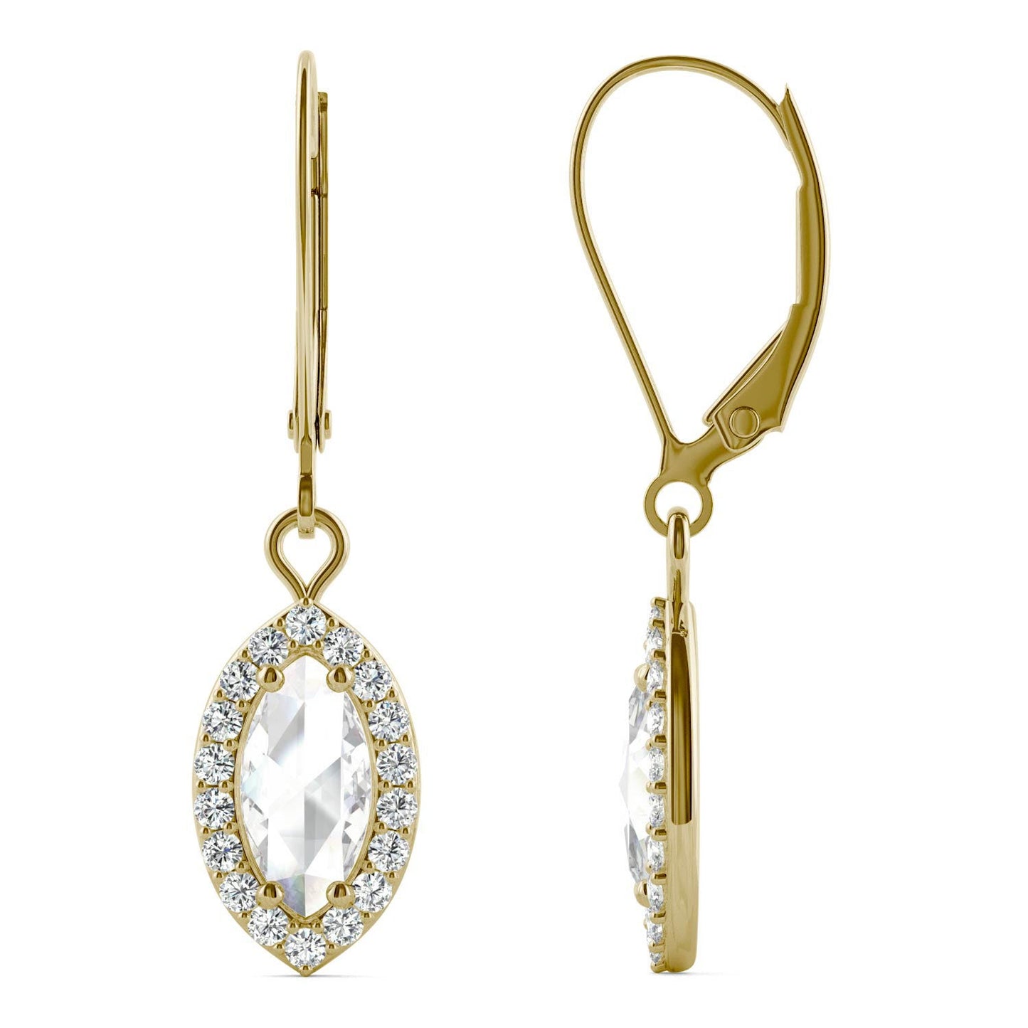 0.95 CTW DEW Marquise Forever One Moissanite Halo Drop Earrings in 14K Yellow Gold