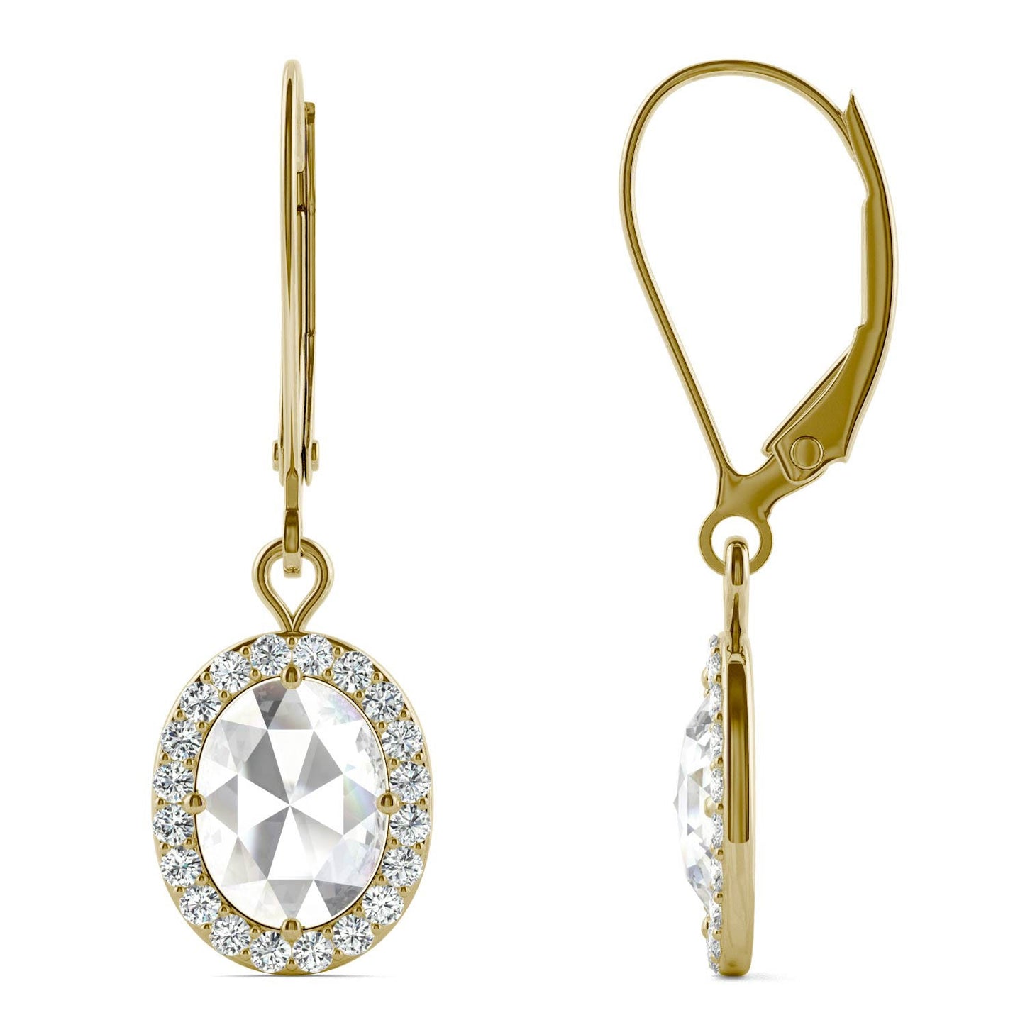 1.40 CTW DEW Oval Forever One Moissanite Halo Drop Earrings in 14K Yellow Gold