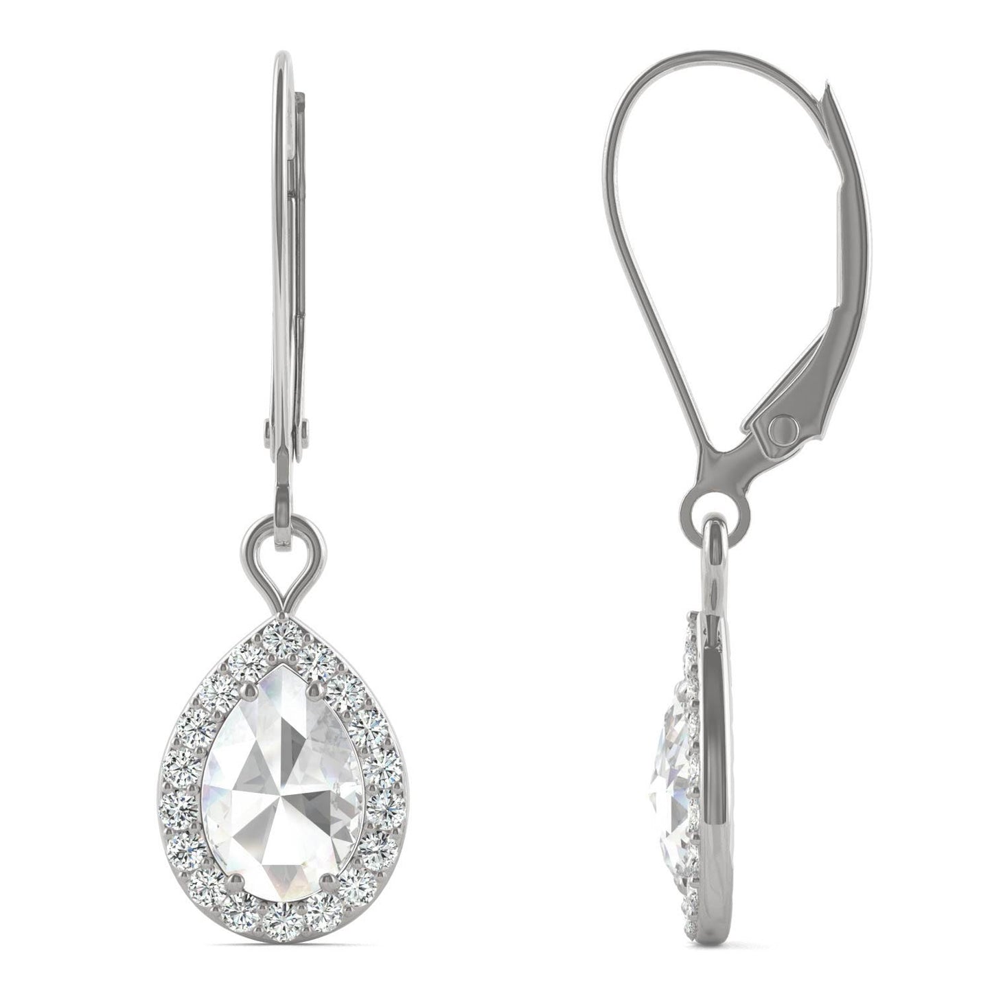 1.19 CTW DEW Pear Forever One Moissanite Halo Drop Earrings in 14K White Gold