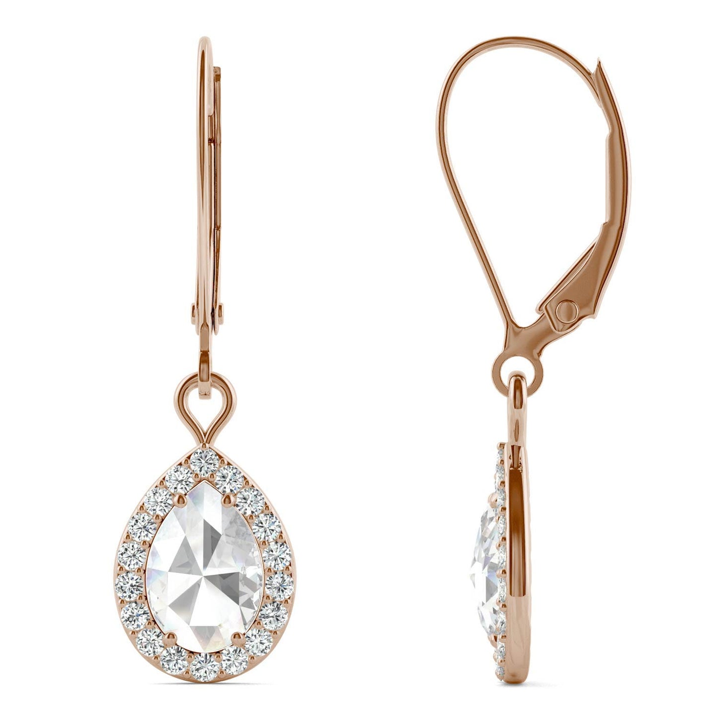 1.19 CTW DEW Pear Forever One Moissanite Halo Drop Earrings in 14K Rose Gold