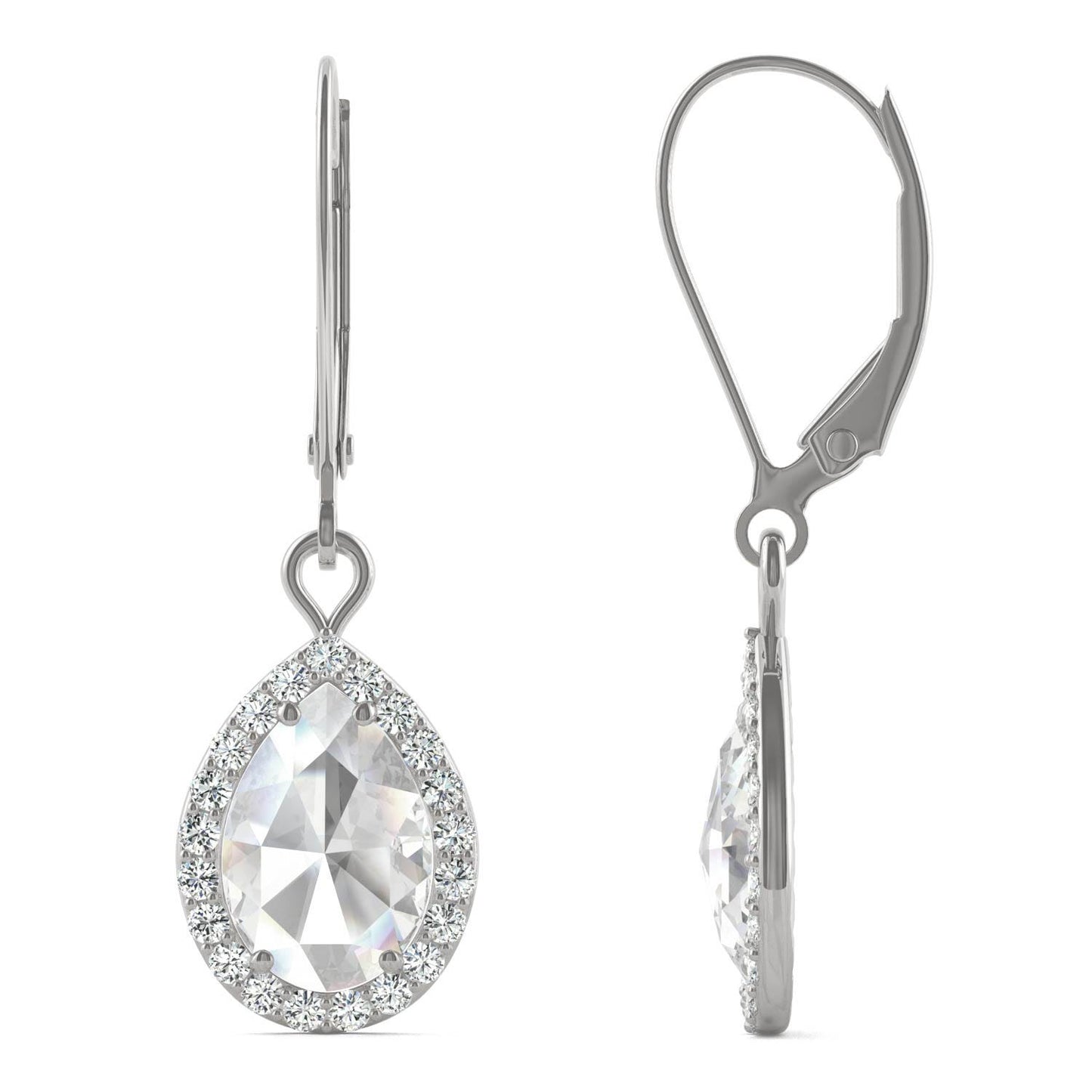 2.02 CTW DEW Pear Forever One Moissanite Halo Drop Earrings in 14K White Gold