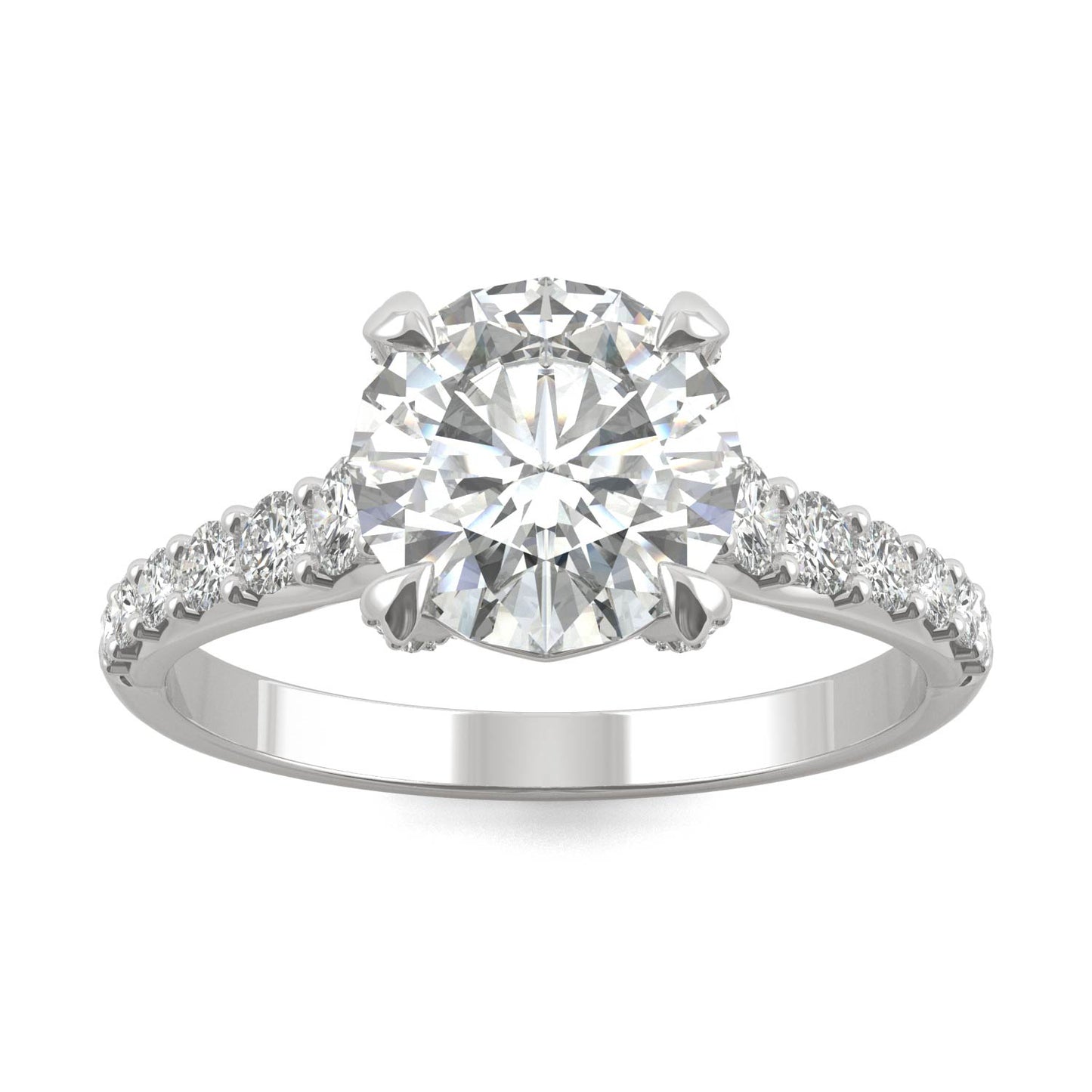 2.42 CTW DEW Round Forever One Moissanite Side-Stone Solitaire with Gallery Accents Engagement Ring in Platinum