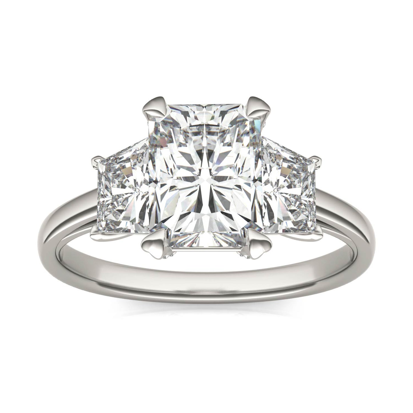 2.96 CTW DEW Radiant Forever One Moissanite Trapezoid Accent Three Stone Ring in 14K White Gold