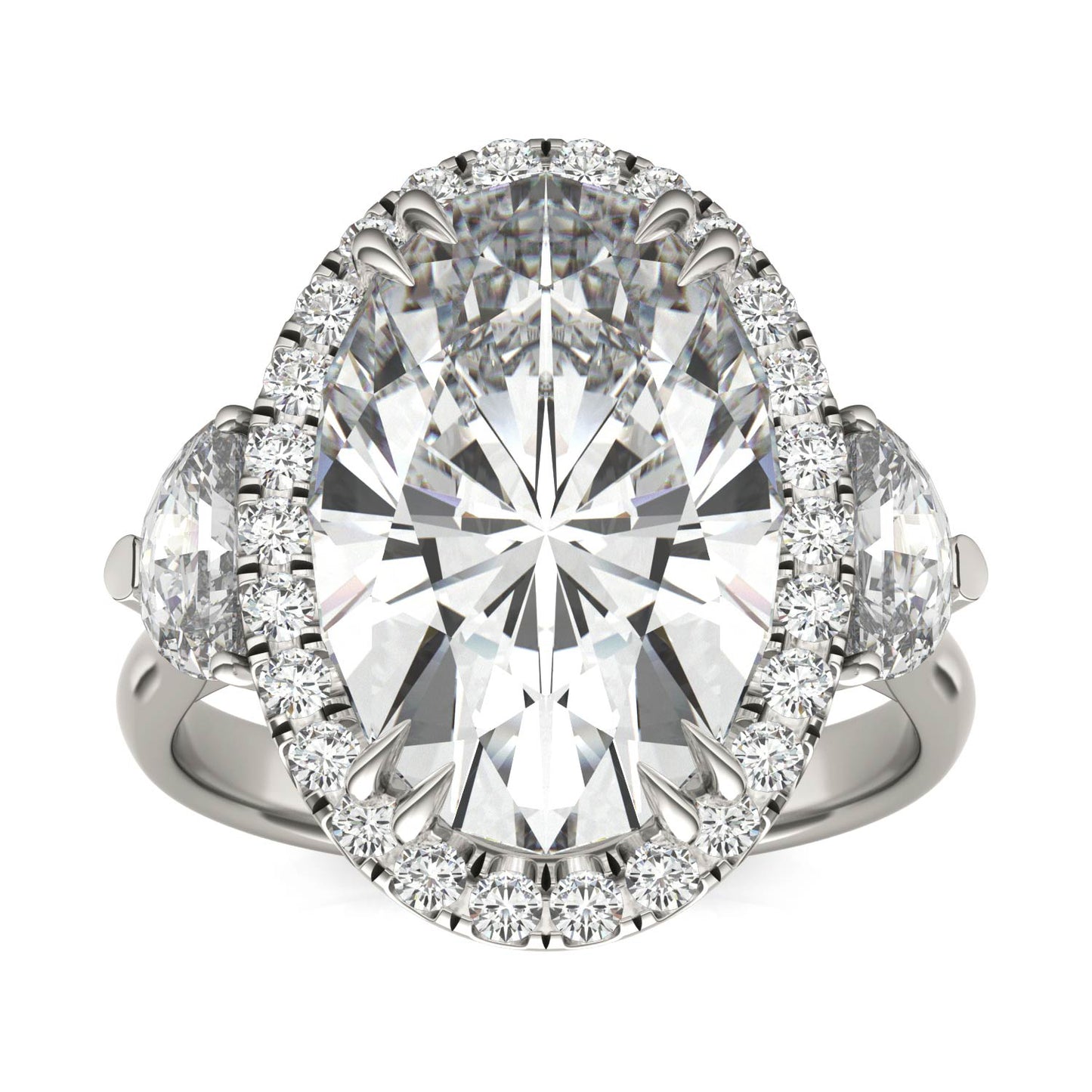 9.84 CTW DEW Elongated Oval Forever One Moissanite Halo with Side Accents Exotic Ring 18K White Gold