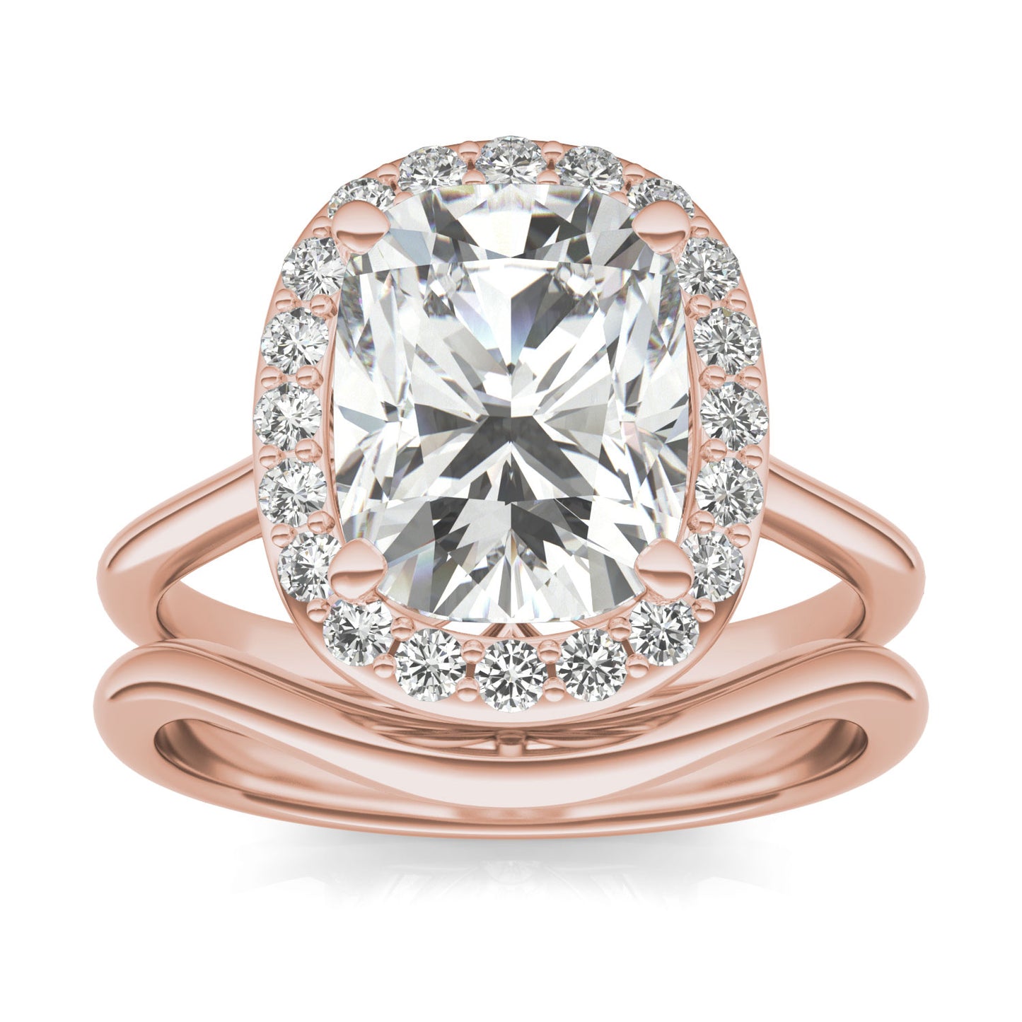 3.71 CTW DEW Elongated Cushion Forever One Moissanite Signature Halo Wedding Set Ring in 14K Rose Gold