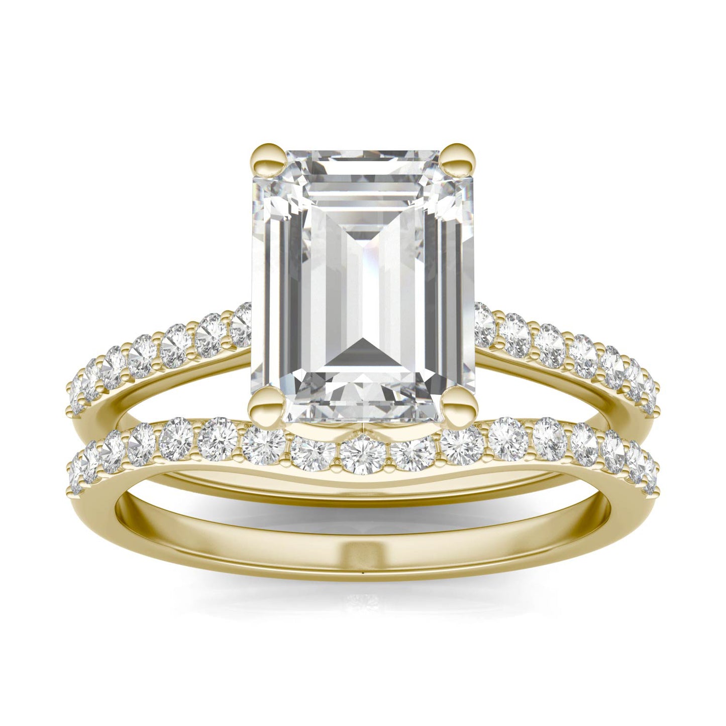 3.01 CTW DEW Emerald Forever One Moissanite Signature Solitaire with Side Accents Wedding Set in 14K Yellow Gold