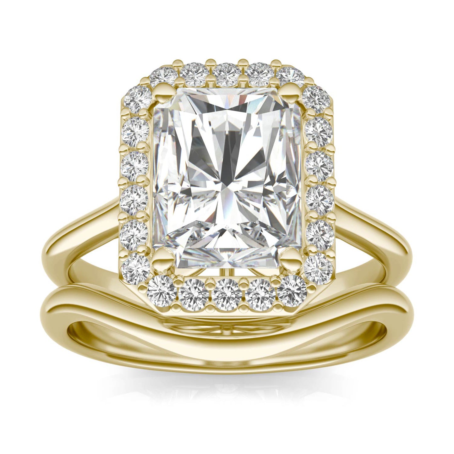 4.31 CTW DEW Radiant Forever One Moissanite Signature Halo Wedding Set in 14K Yellow Gold