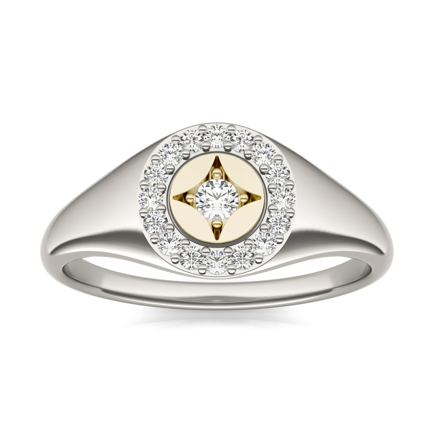 1/5 CTW Round Caydia Lab Grown Diamond Signature Star Halo Signet Ring 14K Two-Tone White & Yellow Gold