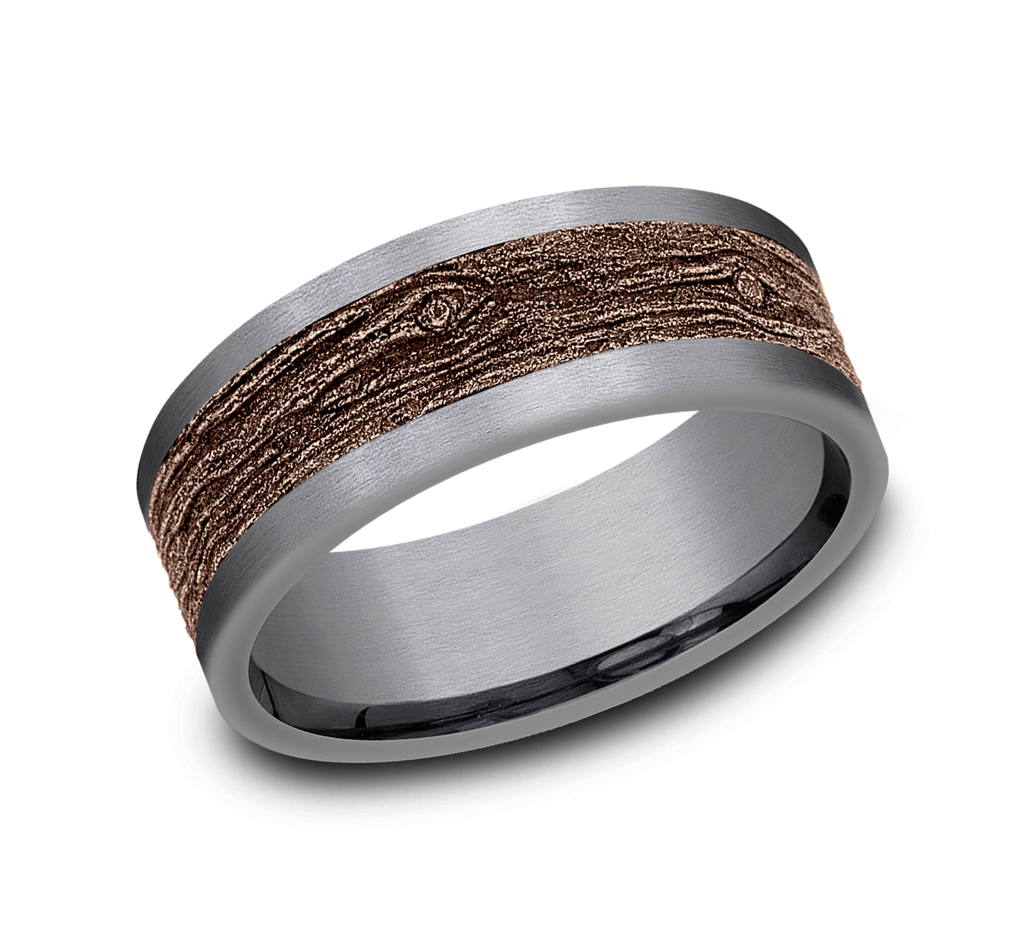 8.0mm Log Knot Patterned Center Mens Band in Two-Tone Blackened 14K Rose Gold and Tantalum