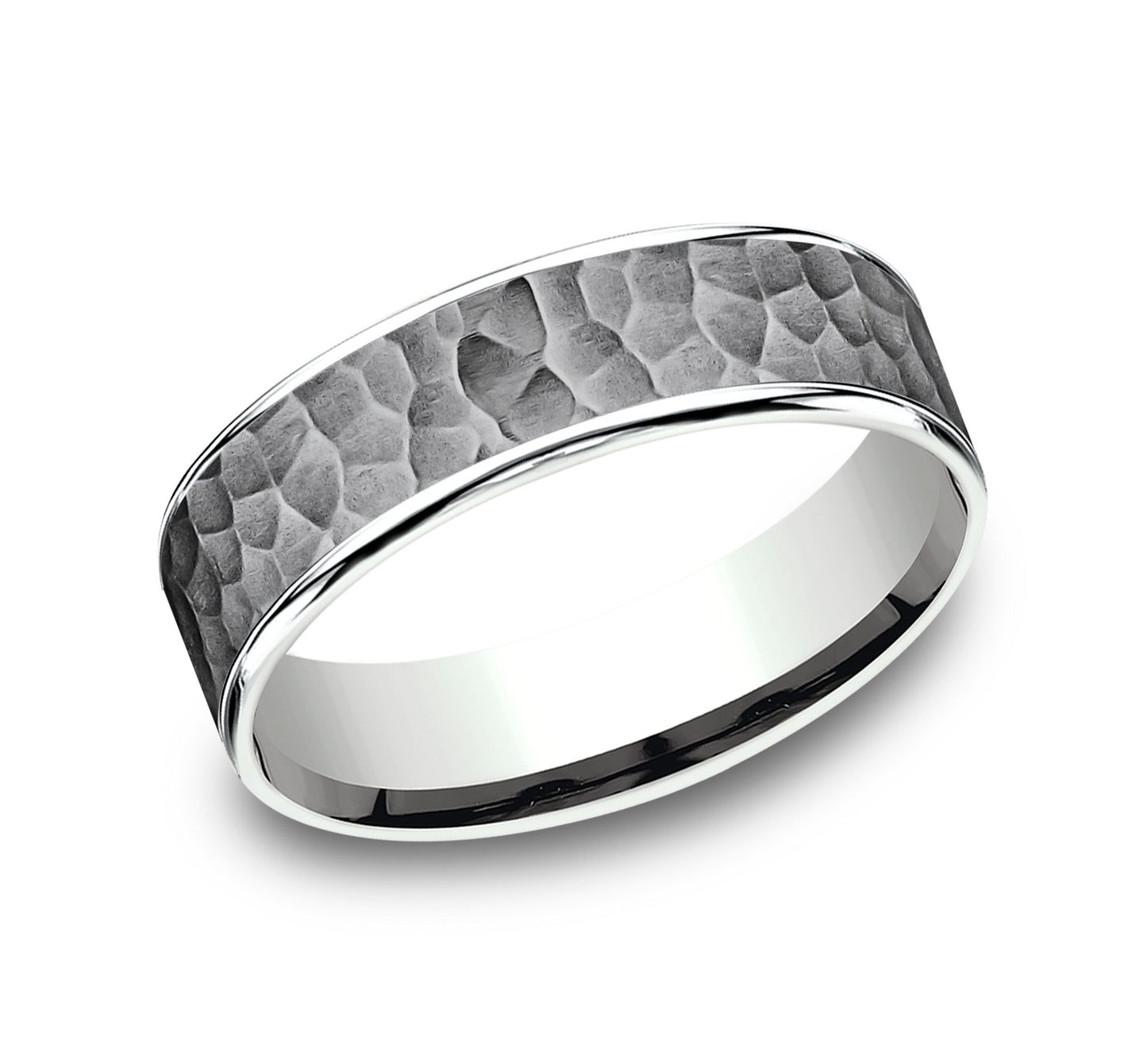 6.5mm Hammer Finish Mens Band in Two-Tone Grey Tantalum and 14K White Gold