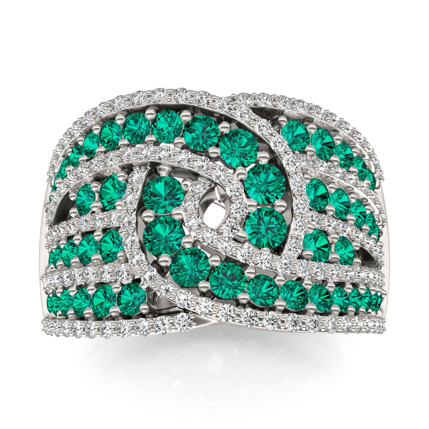2/3 CTW Round Caydia Lab Grown Diamond Statement Crossover Ring 14K White Gold featuring Created Emerald